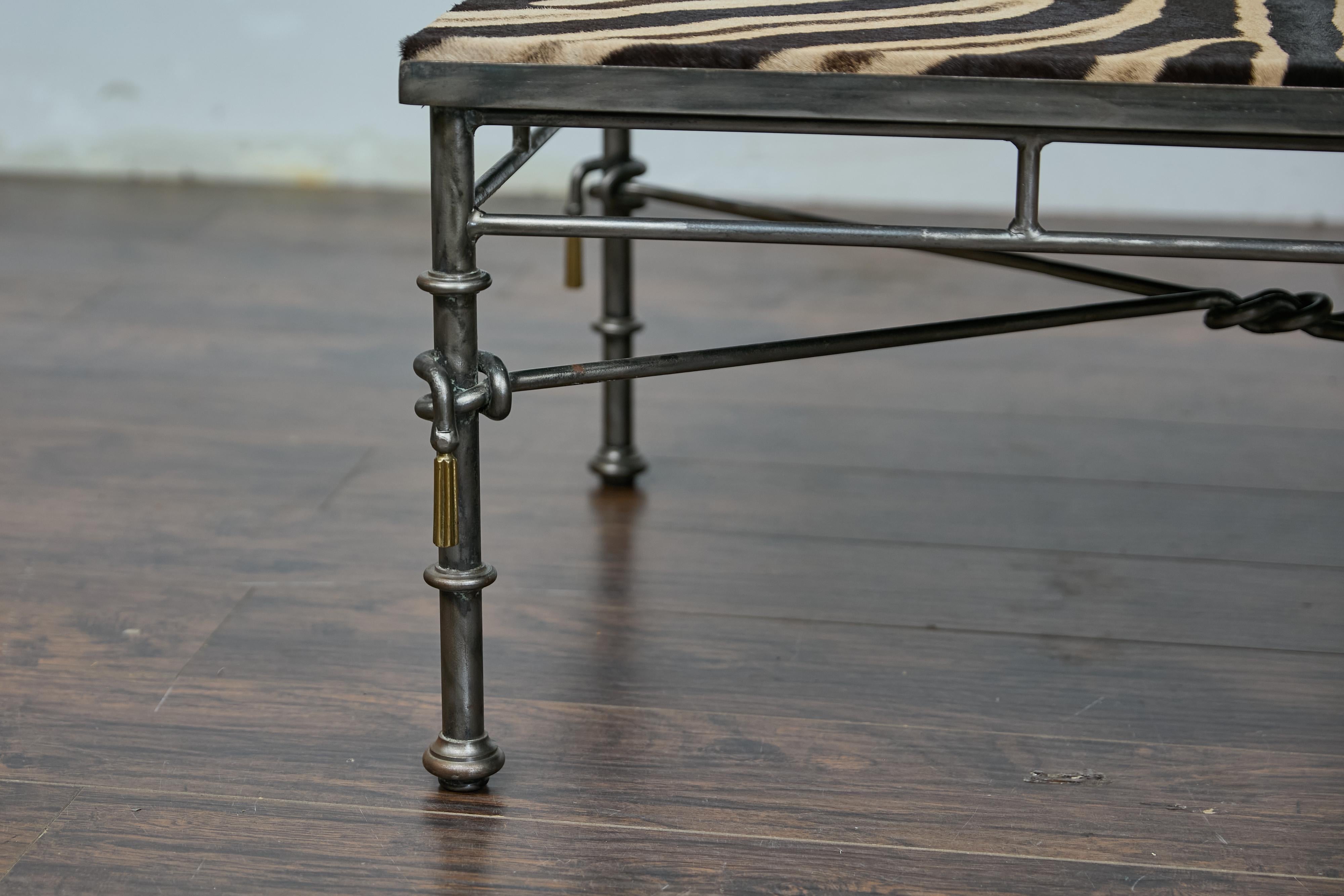 20th Century Eclectic Midcentury Zebra Hide Top Metal Coffee Table with Petite Gilt Tassels For Sale