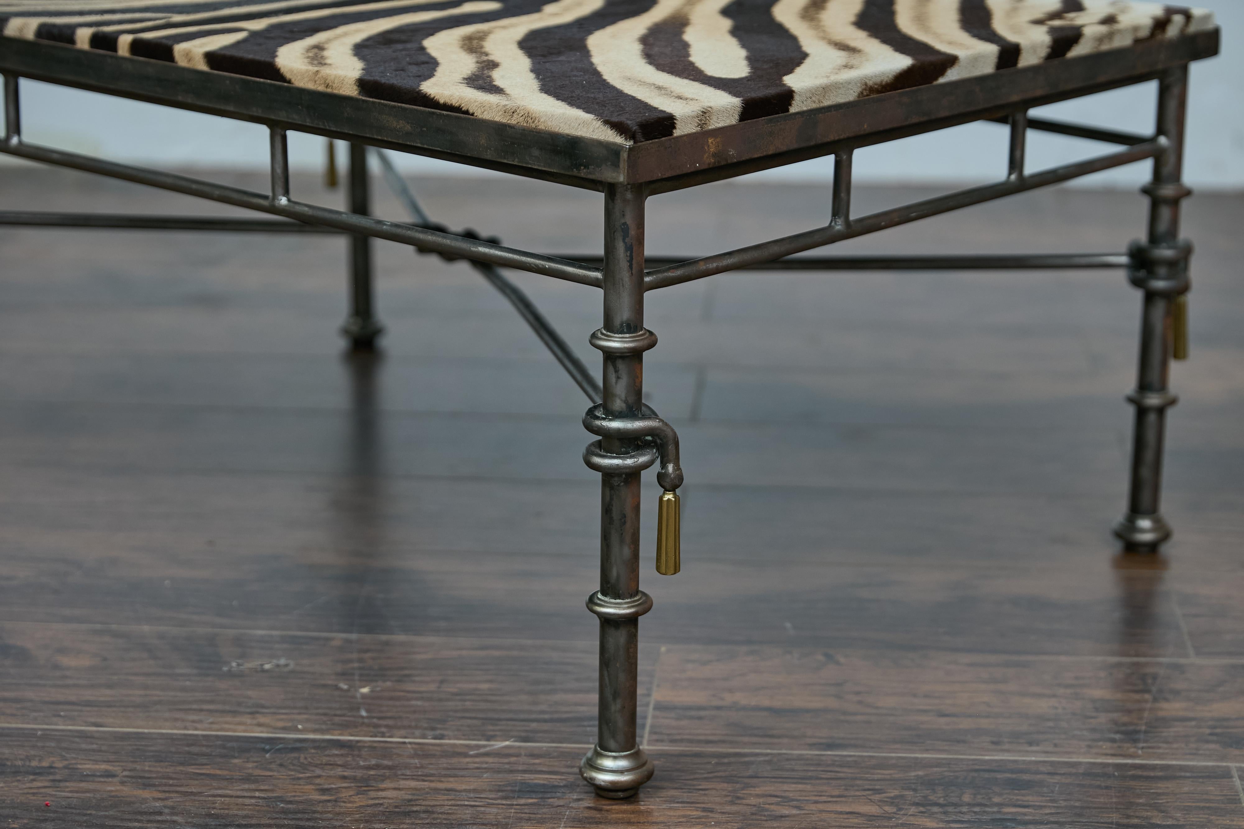 Eclectic Midcentury Zebra Hide Top Metal Coffee Table with Petite Gilt Tassels For Sale 2