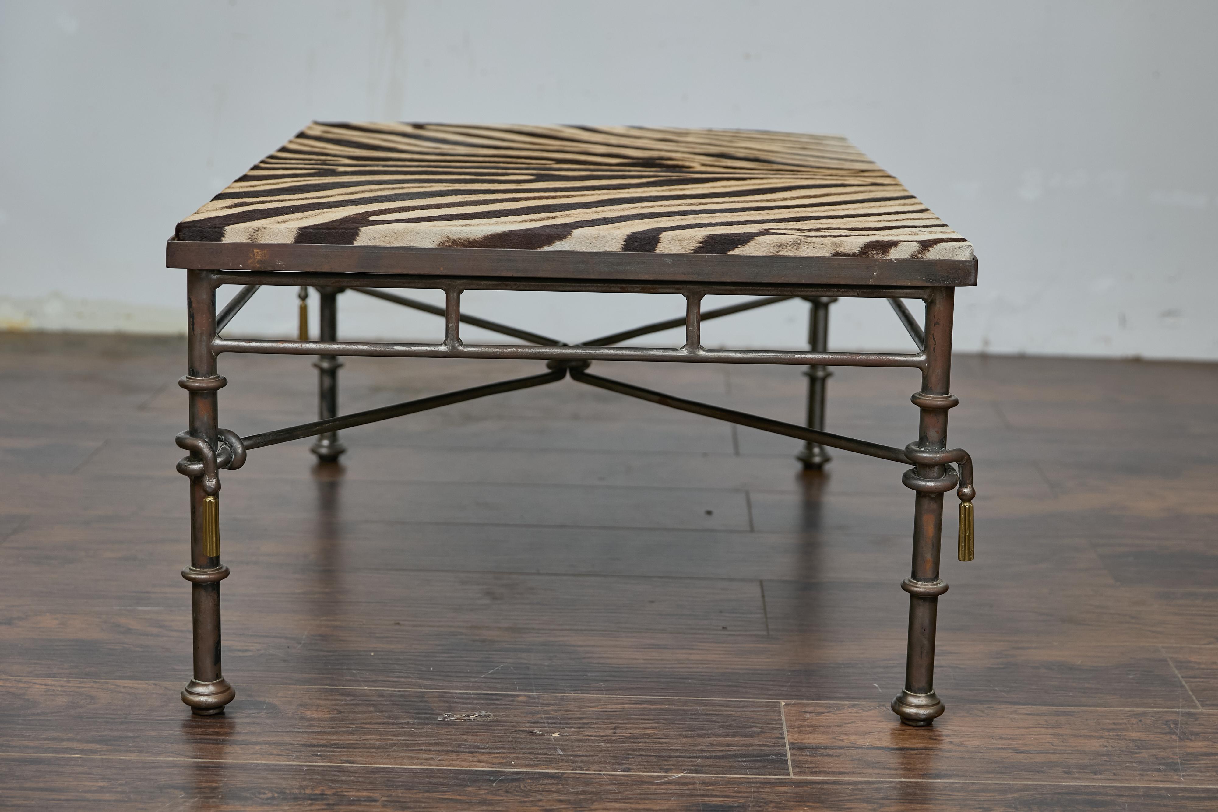 Eclectic Midcentury Zebra Hide Top Metal Coffee Table with Petite Gilt Tassels For Sale 3