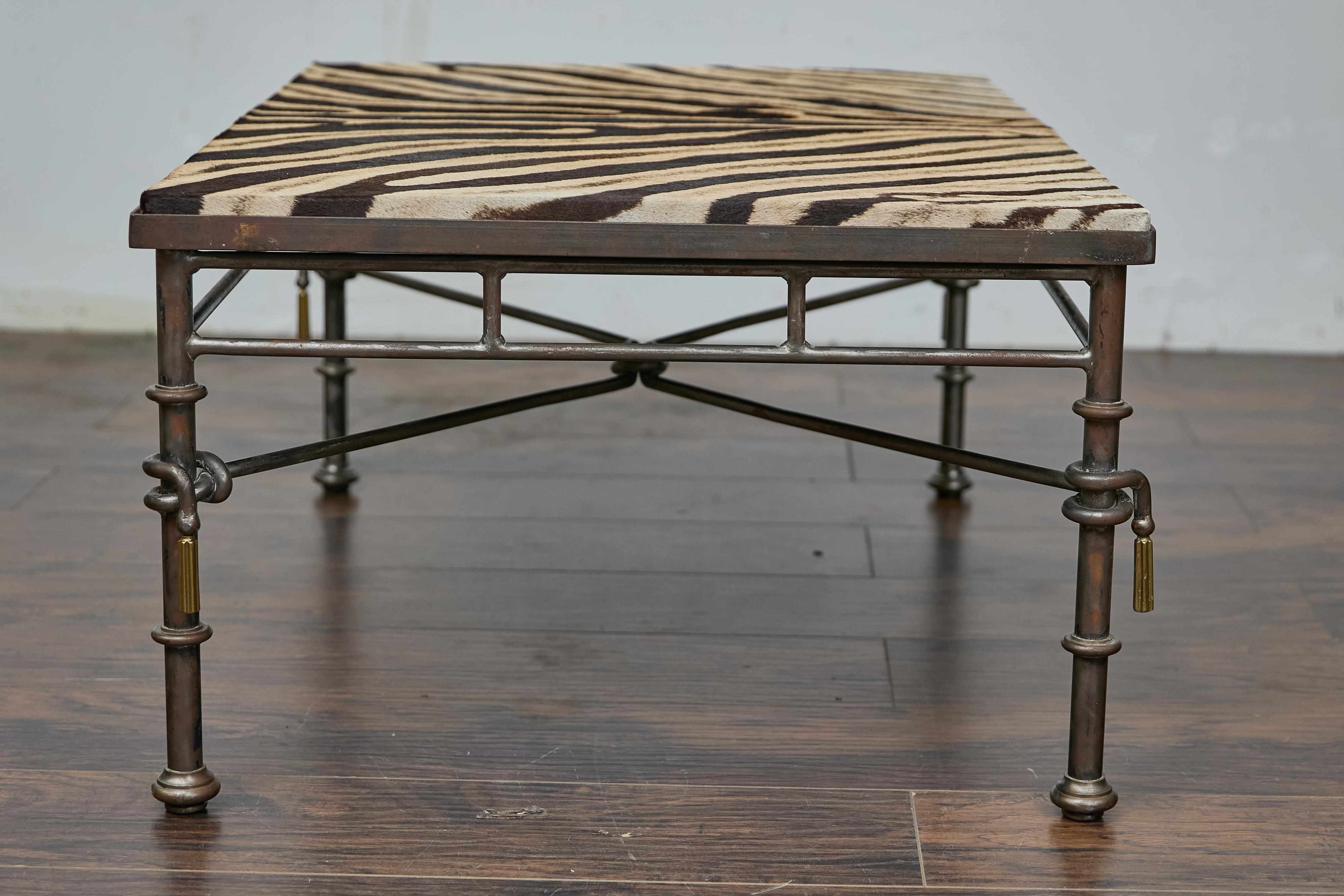 Eclectic Midcentury Zebra Hide Top Metal Coffee Table with Petite Gilt Tassels For Sale 4