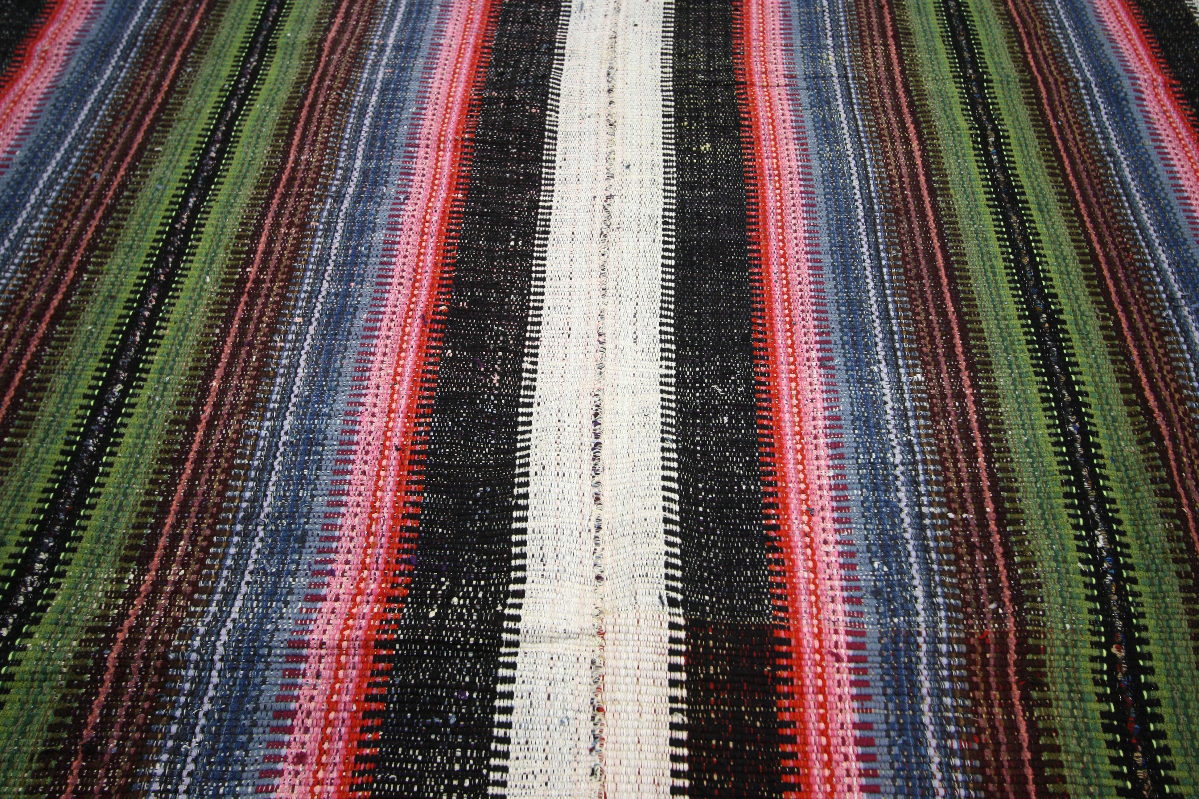60680, Eclectic Modern Boho Vintage Turkish Jajim colorful Kilim rug with stripes. This handwoven wool vintage Turkish Kilim Jajim Kilim rug features a variety of colorful stripes composed of both wide and narrow bands forming a captivating visual