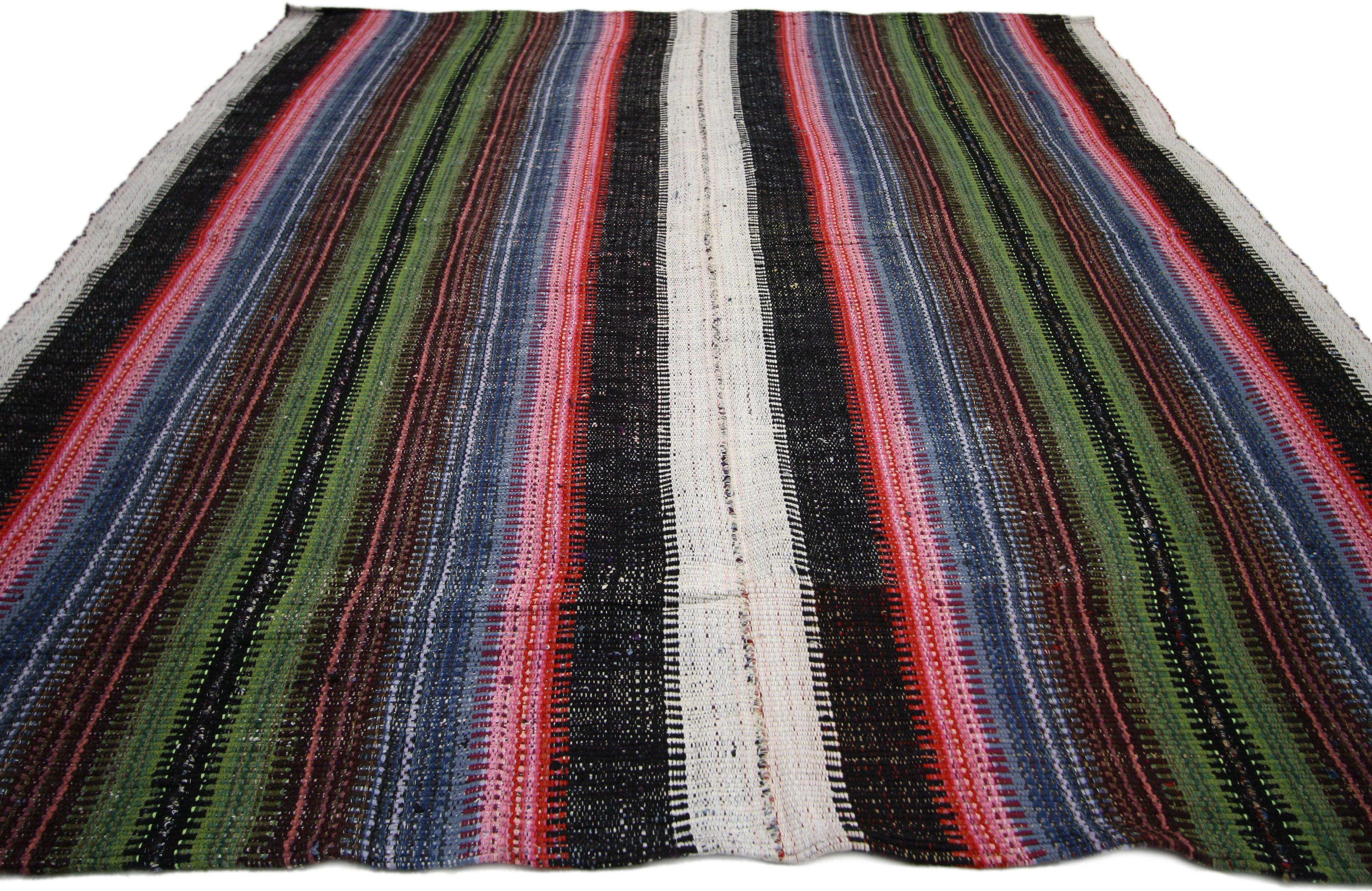 Hand-Woven Eclectic Modern Boho Vintage Turkish Jajim Colorful Kilim Rug with Stripes