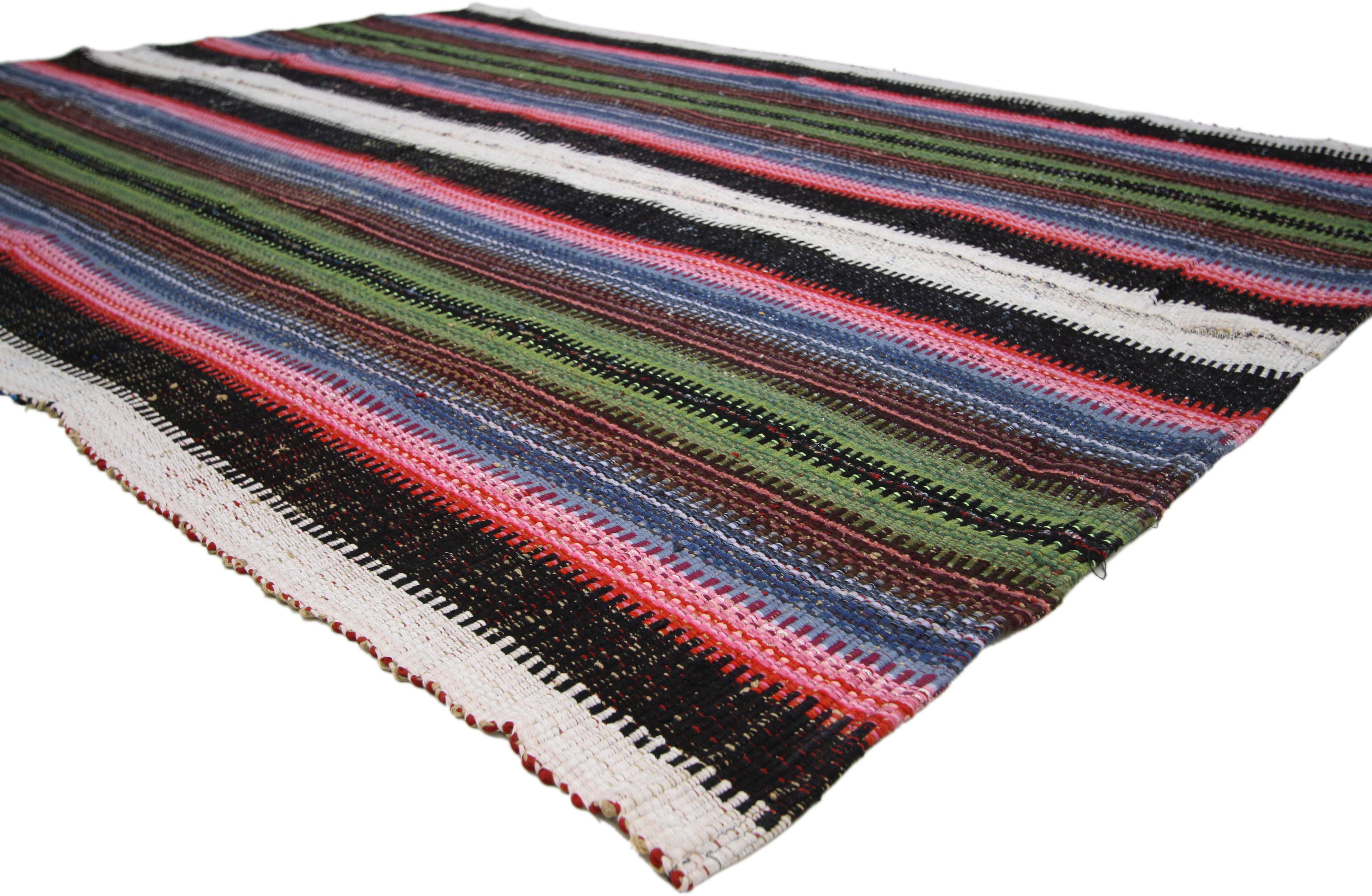 Eclectic Modern Boho Vintage Turkish Jajim Colorful Kilim Rug with Stripes In Good Condition In Dallas, TX