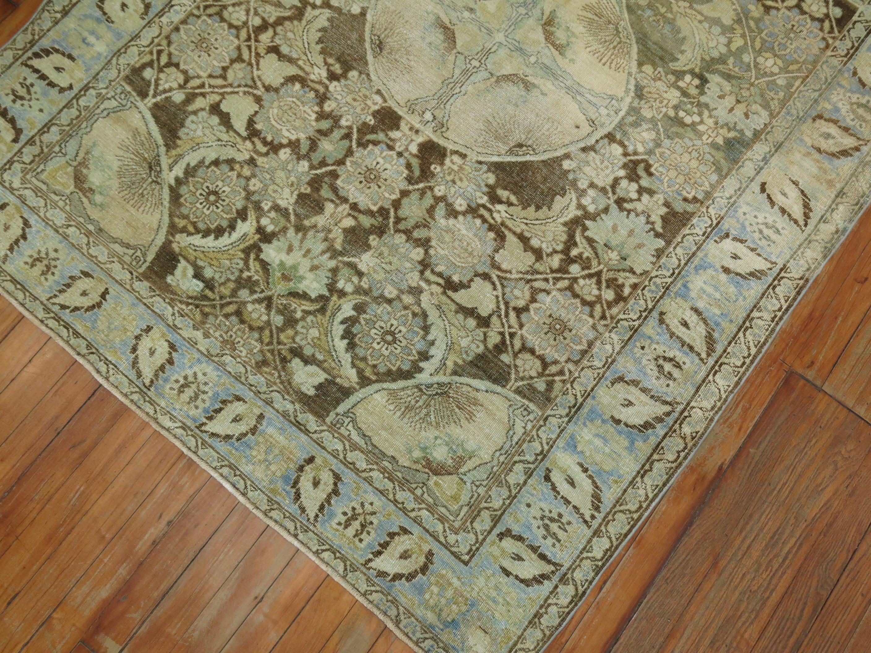 Hand-Woven Eclectic Persian Blue Green Brown Tabriz Oriental Hand Knotted Rug