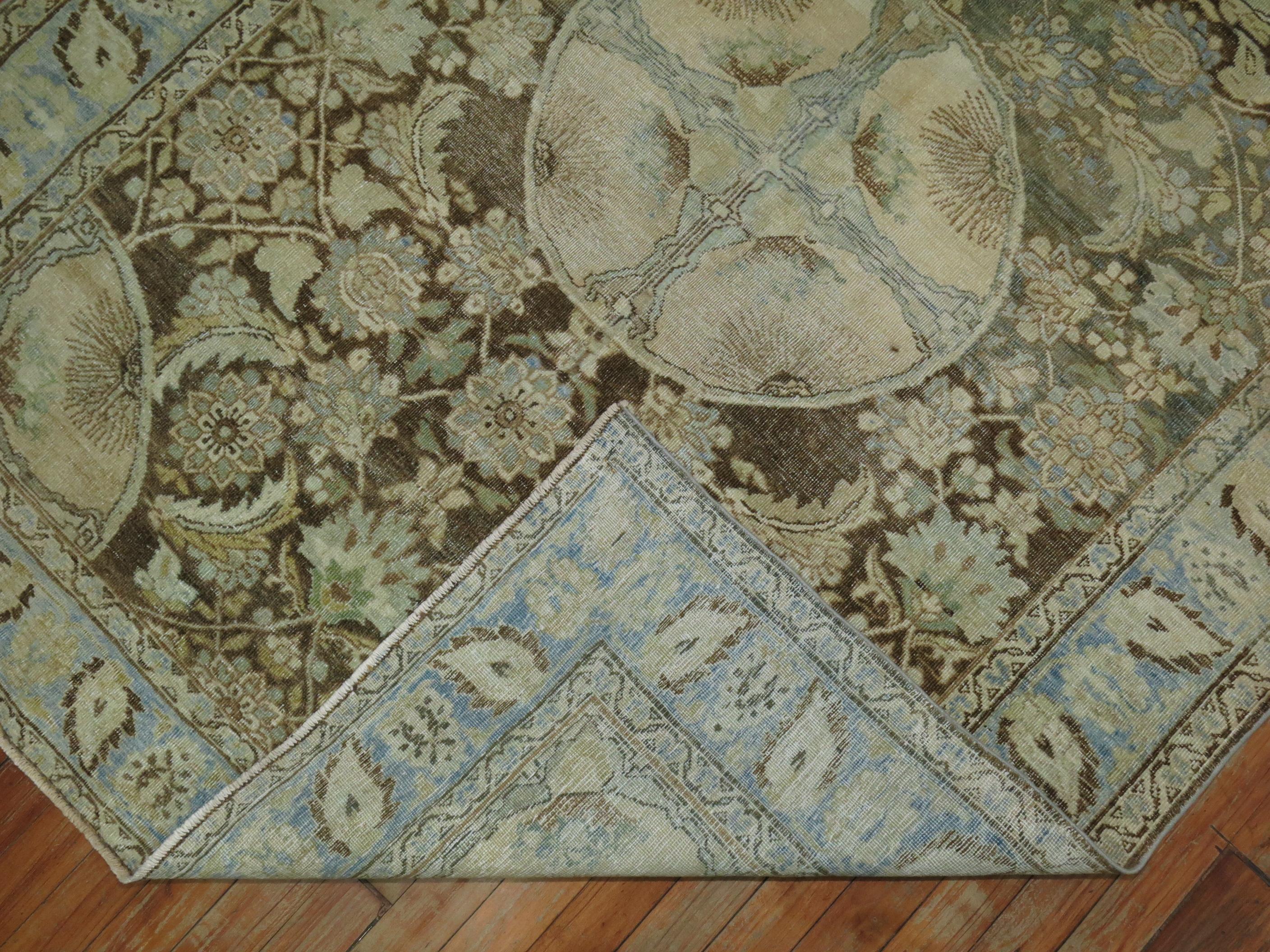 Eclectic Persian Blue Green Brown Tabriz Oriental Hand Knotted Rug In Good Condition In New York, NY