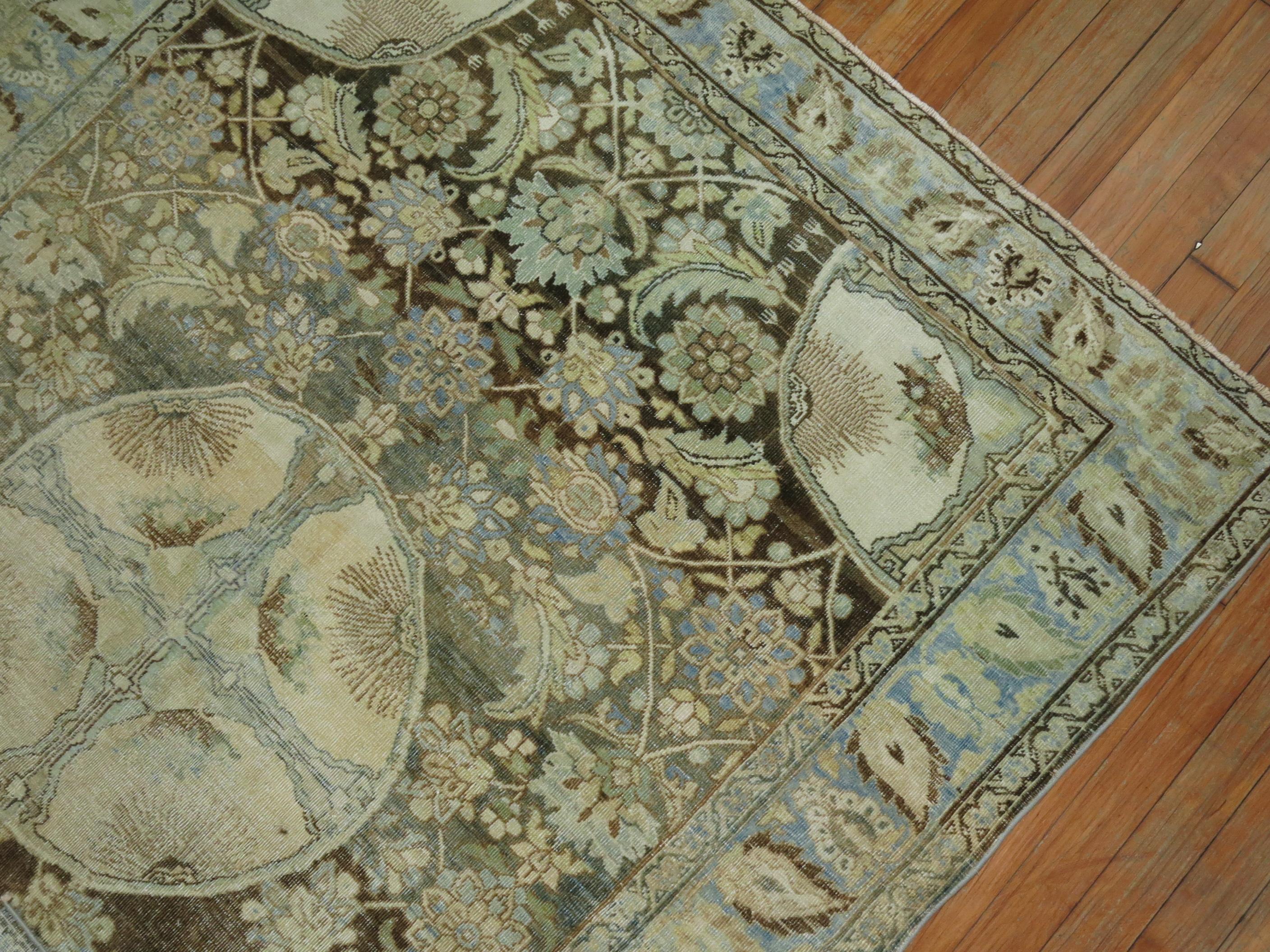 20th Century Eclectic Persian Blue Green Brown Tabriz Oriental Hand Knotted Rug