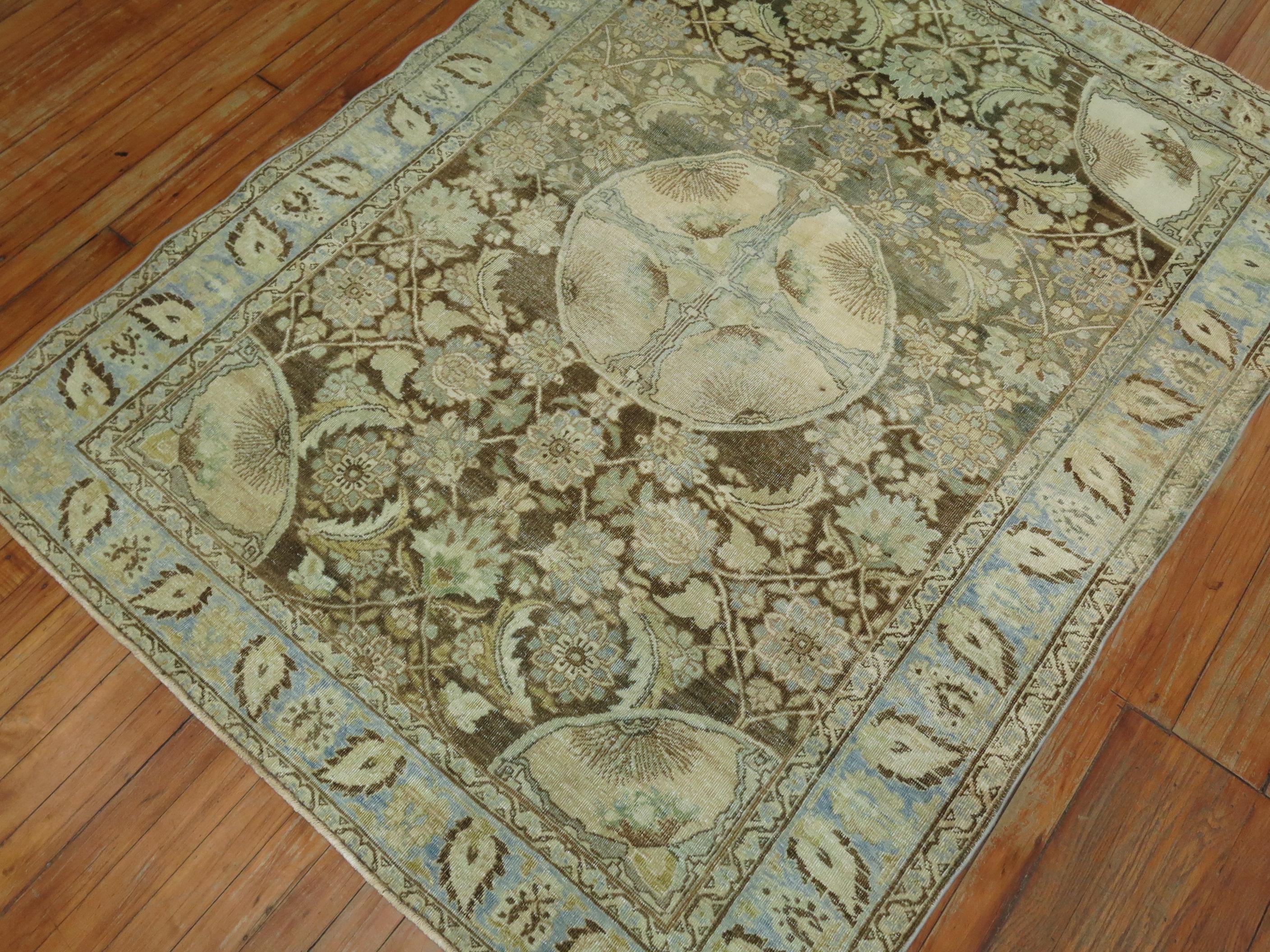 Eclectic Persian Blue Green Brown Tabriz Oriental Hand Knotted Rug 2