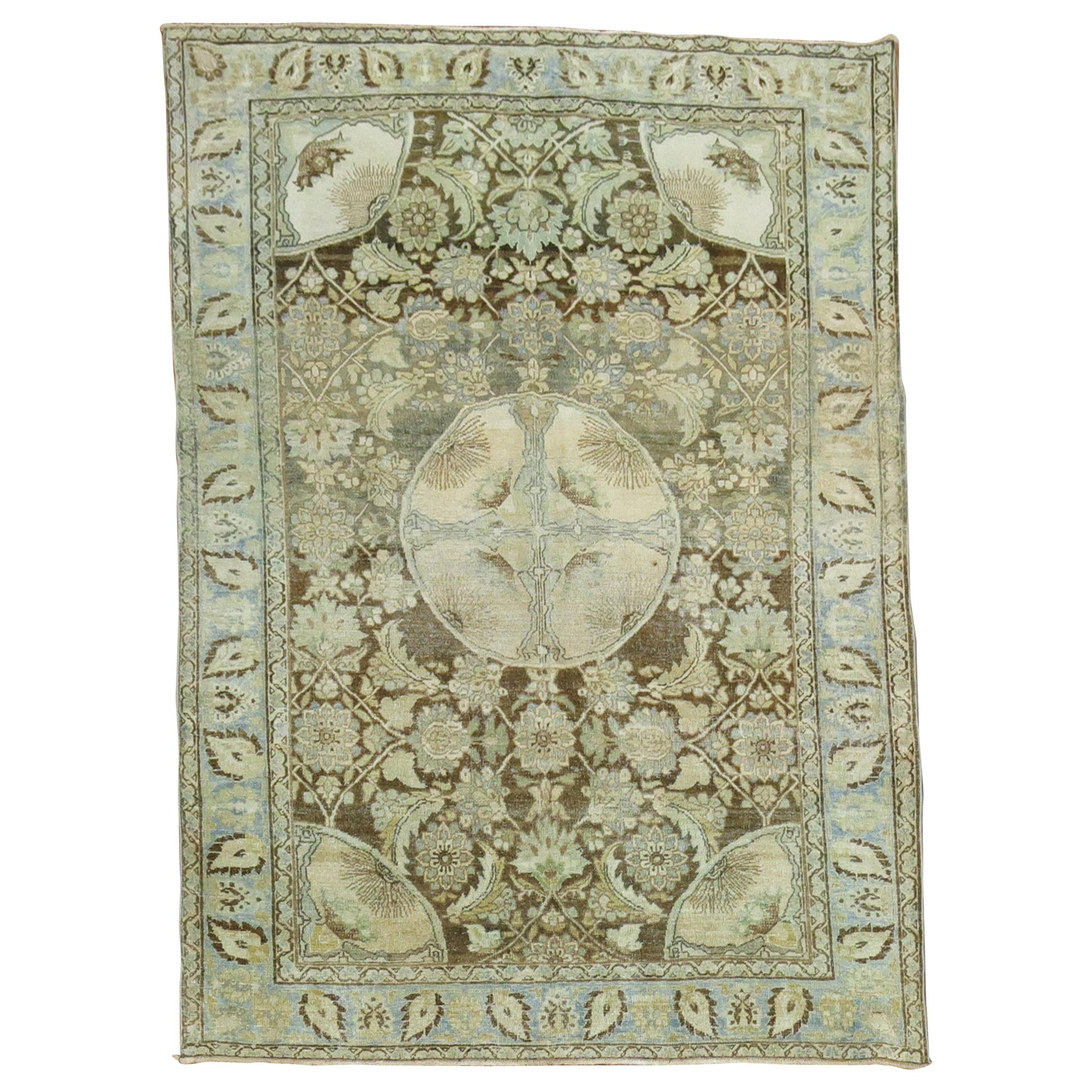 Eclectic Persian Blue Green Brown Tabriz Oriental Hand Knotted Rug