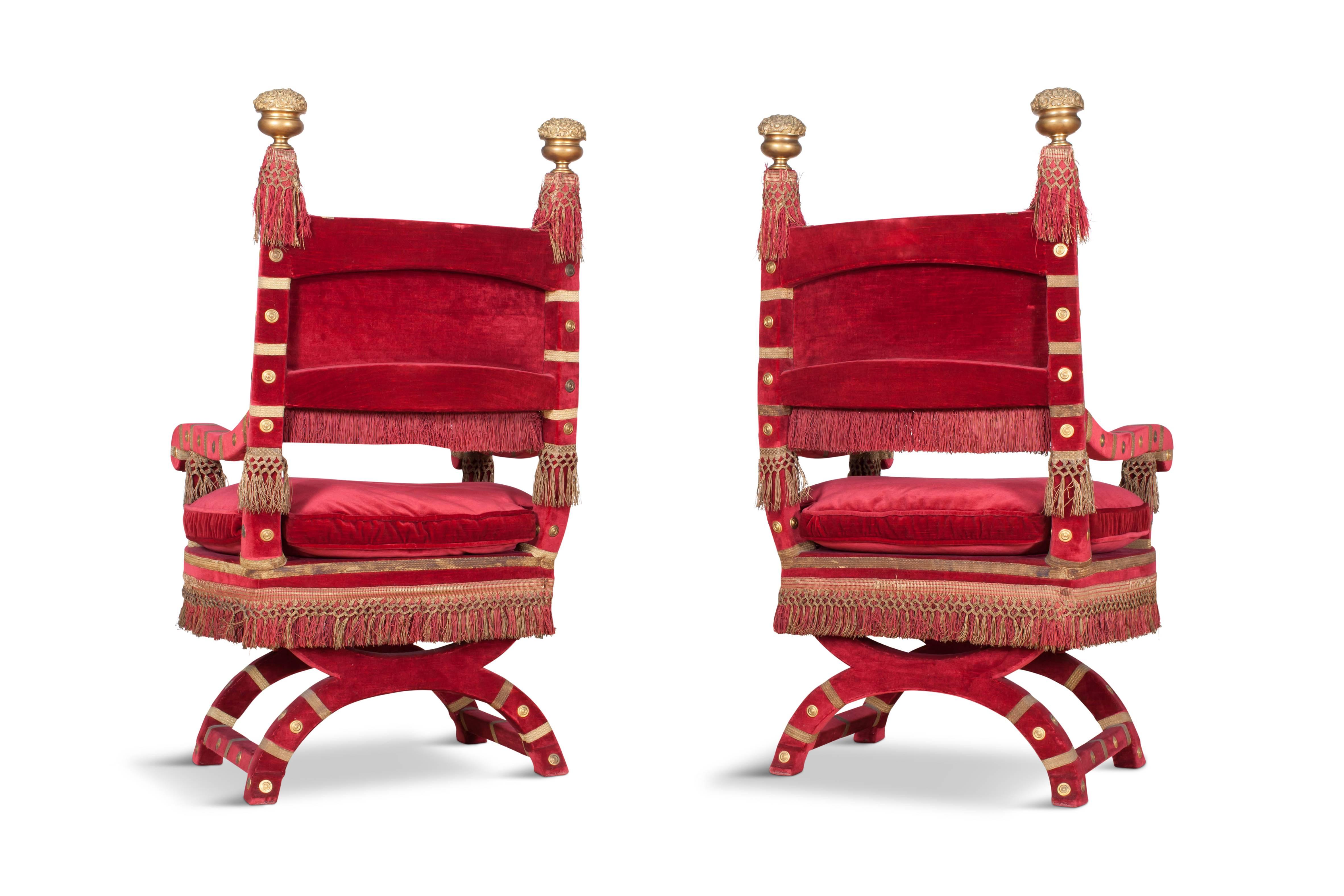Hollywood Regency Eclectic Red Velvet Italian Throne Chairs