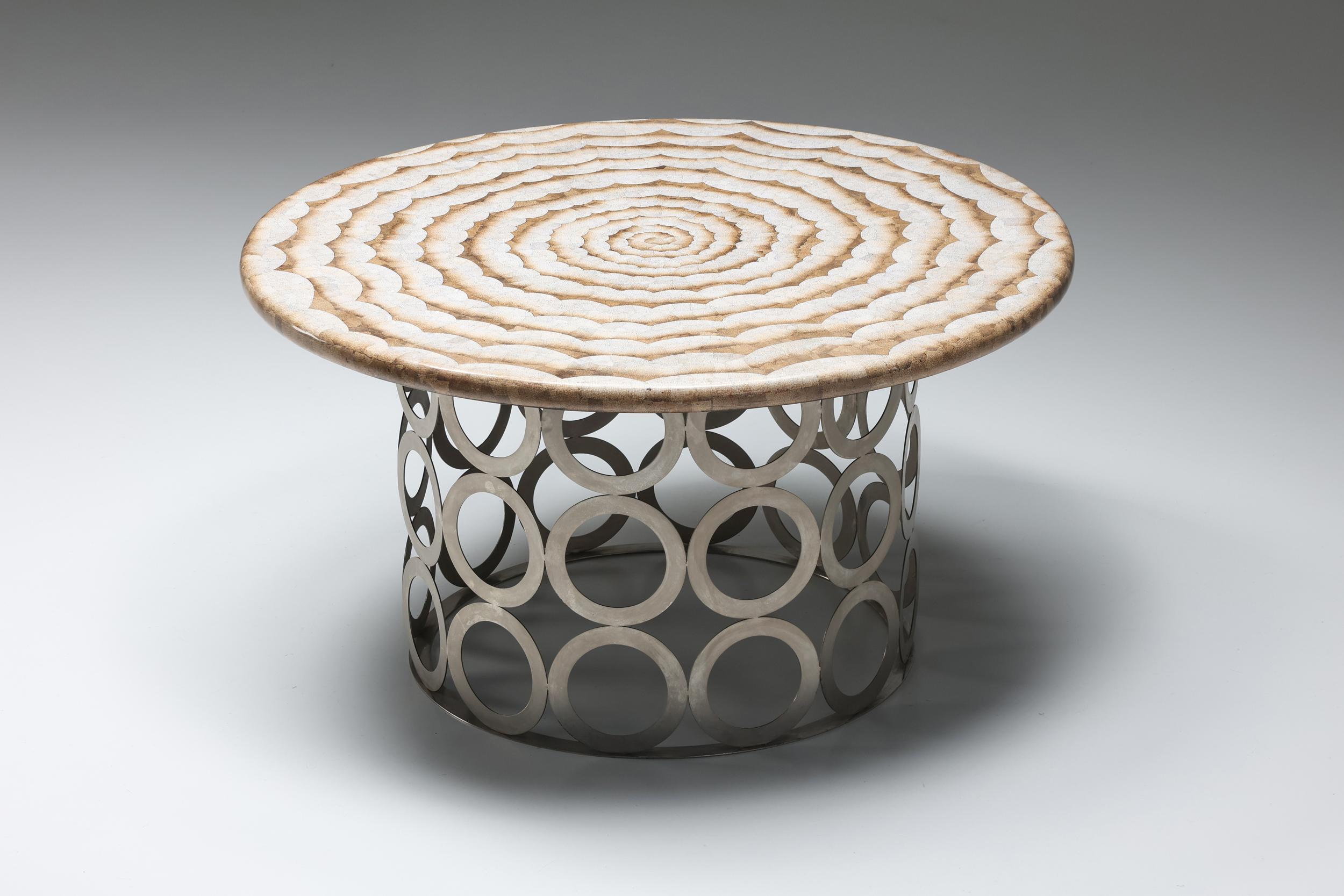 Anacleto Spazzapan; Italy; 21st century; Modern; Post-Modern; 2000's; Italian Design; Eclectic; Hollywood Regency; Luxury; 

Eclectic Anacleto Spazzapan round dining table. Graphic white and beige tabletop with metal base. A chique piece that