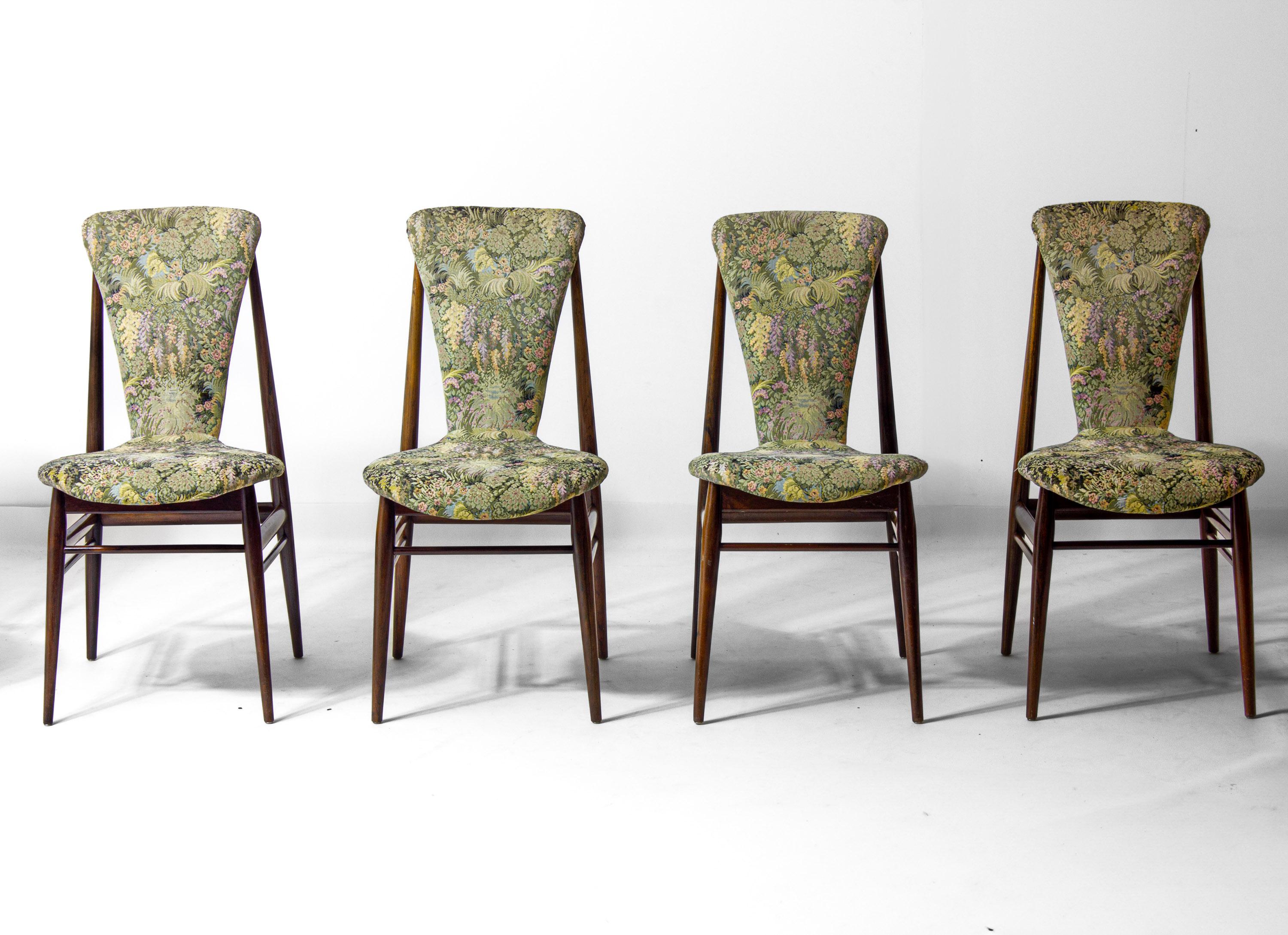 Teak Eclectic scandinavian floating dining chairs in floral upholstery, 1960s For Sale
