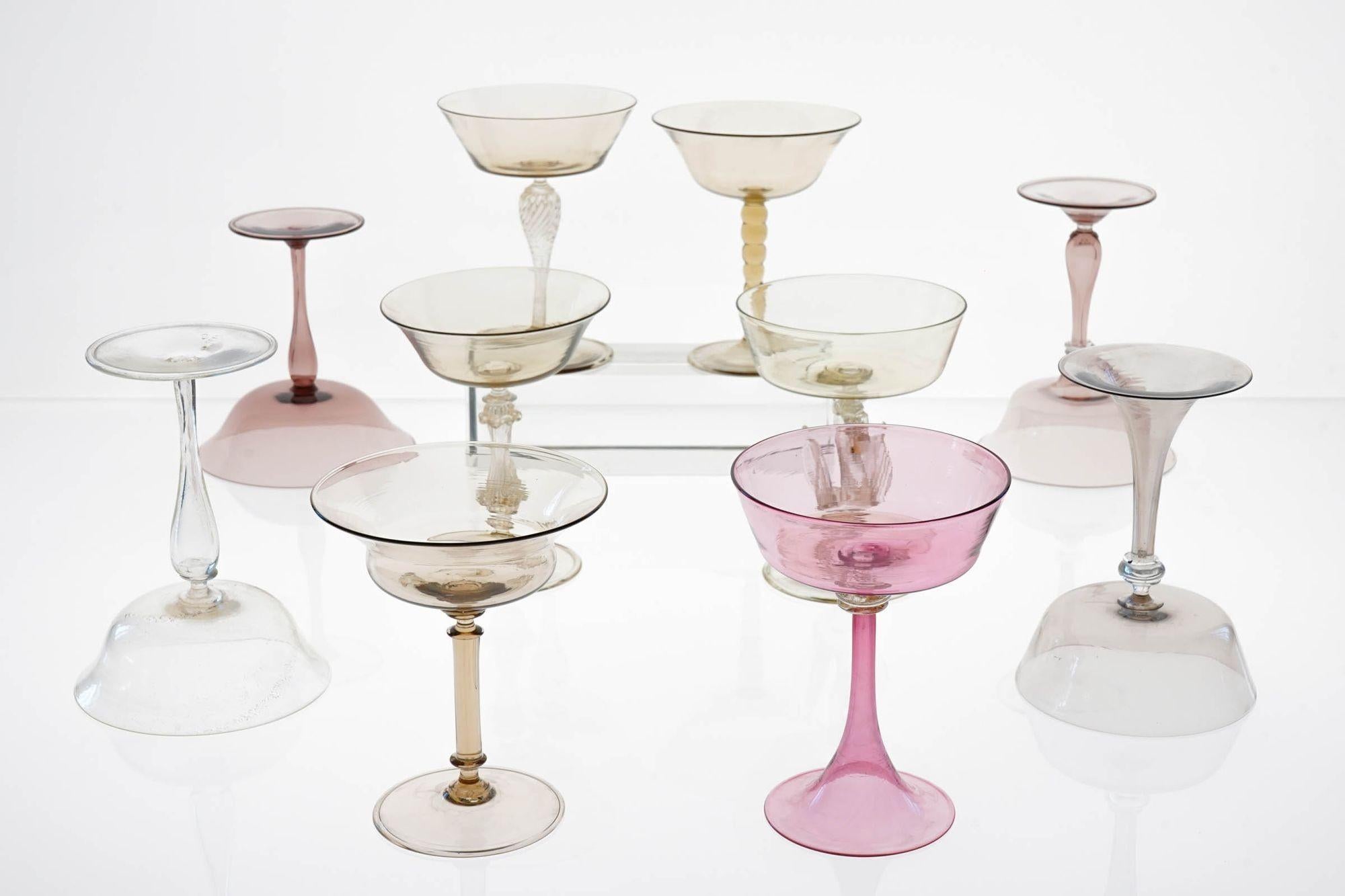 A truly exceptional discovery, these items hail from Amelio Cenedese's personal collection. This collection of one-of-a-kind would easily become the conversation point for an eclectic table setting. Each guest is treated to stemware that is