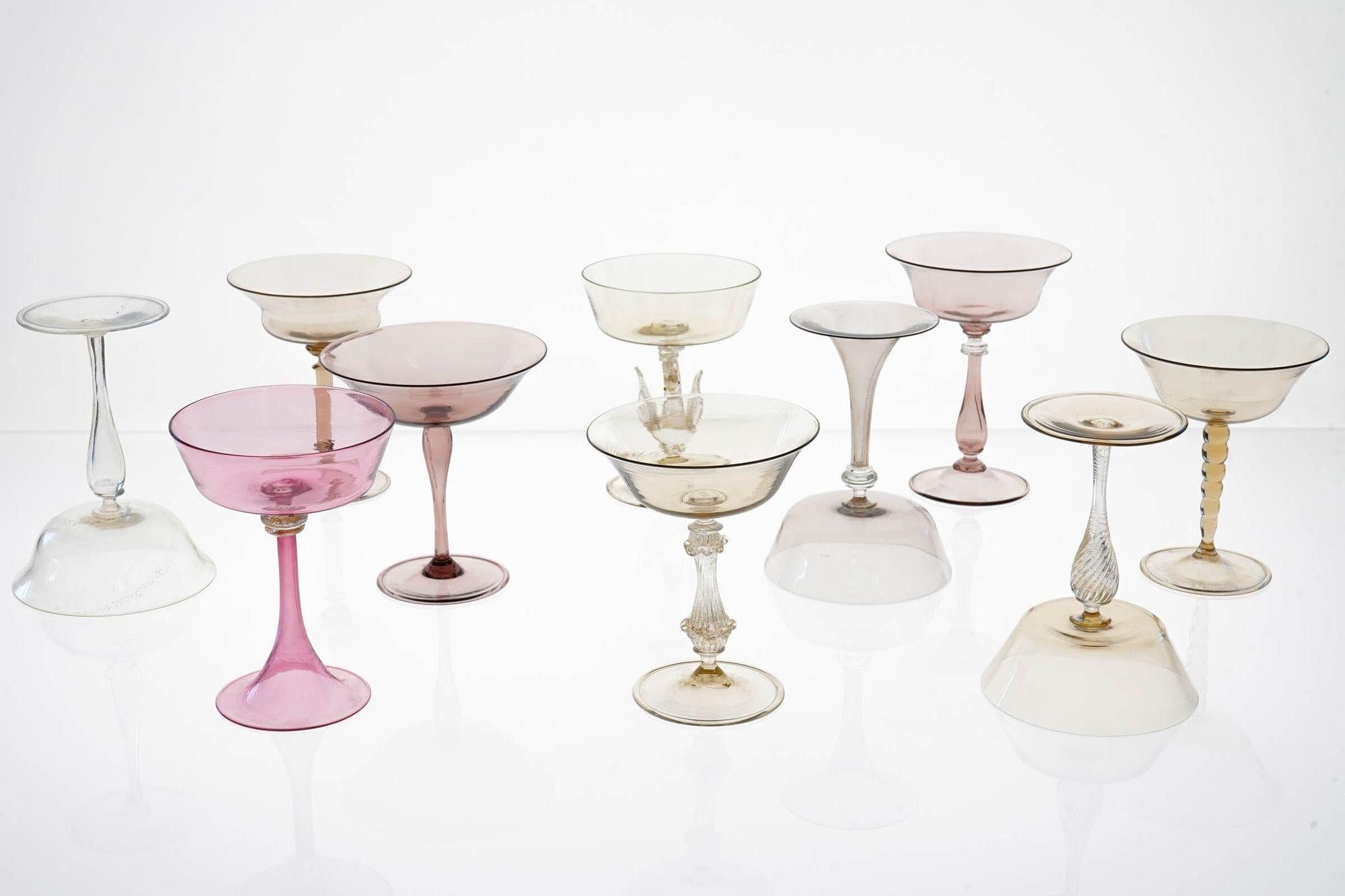 Mid-Century Modern Eclectic Set of 10 Cenedese Champagne Glass, Each in Different Design. Unique For Sale