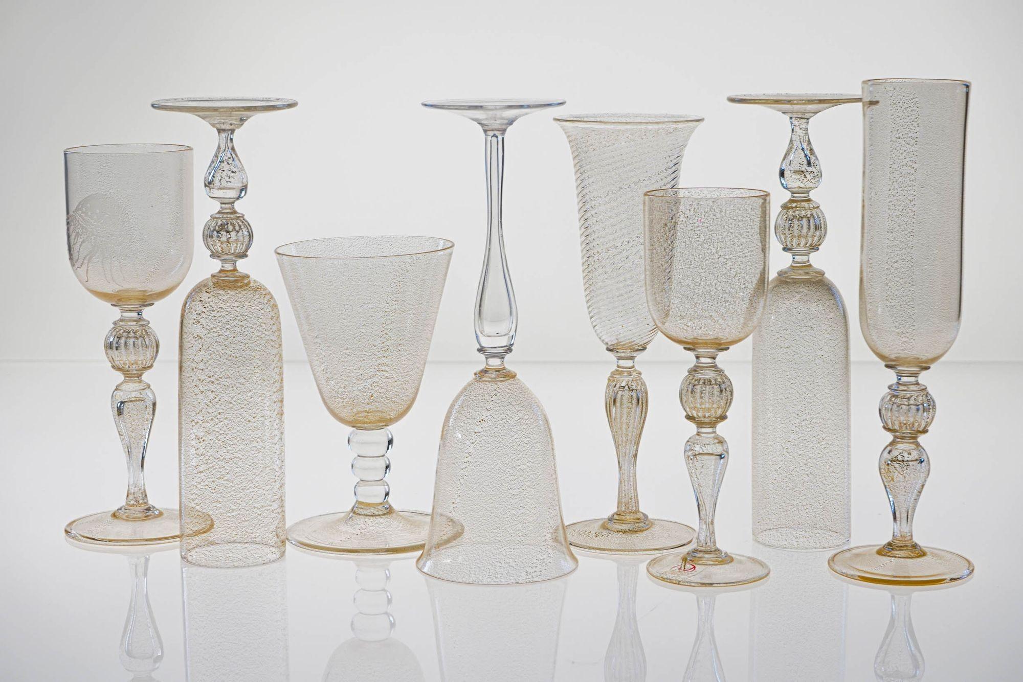Eclectic Set of 8 Cenedese Murano Stemmed Glass, each with gold leaf embedded For Sale 8