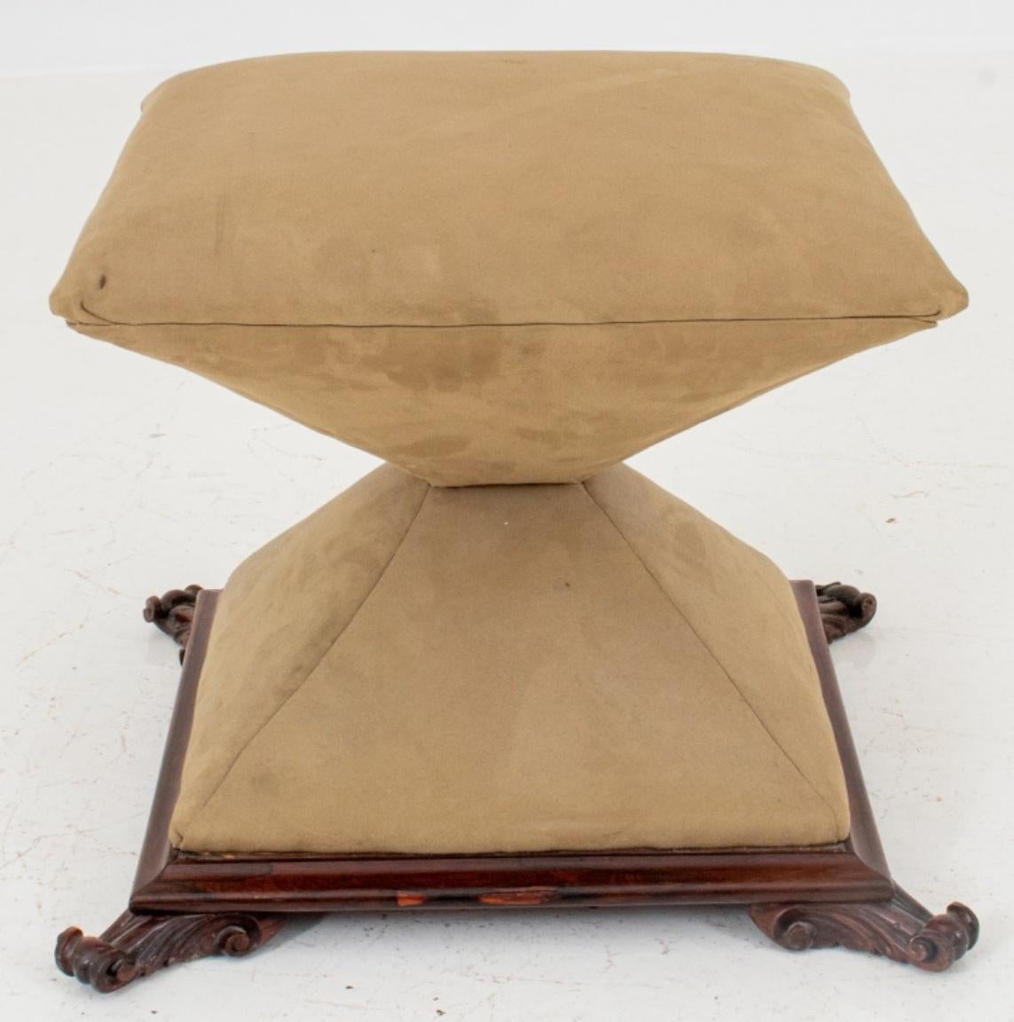 Eclectic stool of pyramidal hourglass form mounted on a Victorian hardwood base with four scrolling feet. 

Dealer: S138XX
