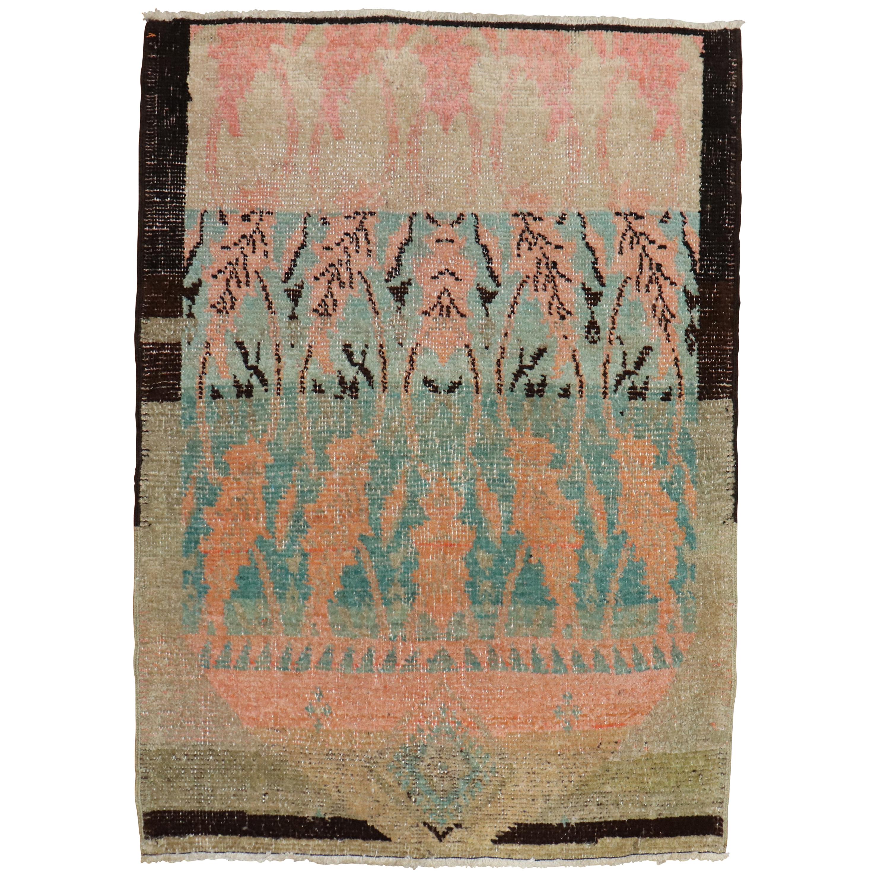 Eclectic Turkish Throw Size Rug, Mid-20th Century