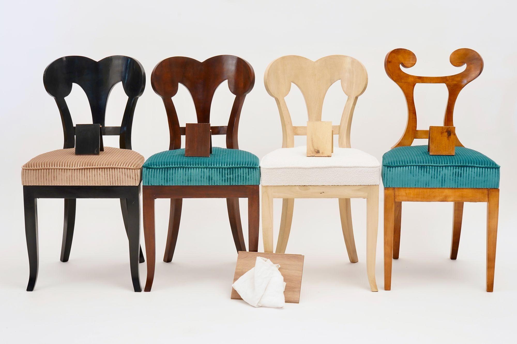 Eclectica, set of 6 Ebonized Biedermeier dining Chairs each in different style For Sale 12