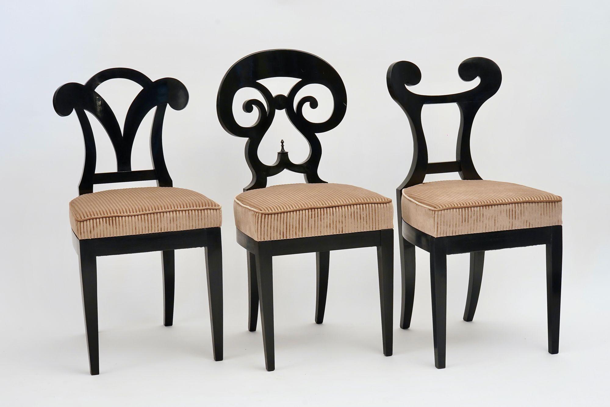 Italian Eclectica, set of 6 Ebonized Biedermeier dining Chairs each in different style For Sale