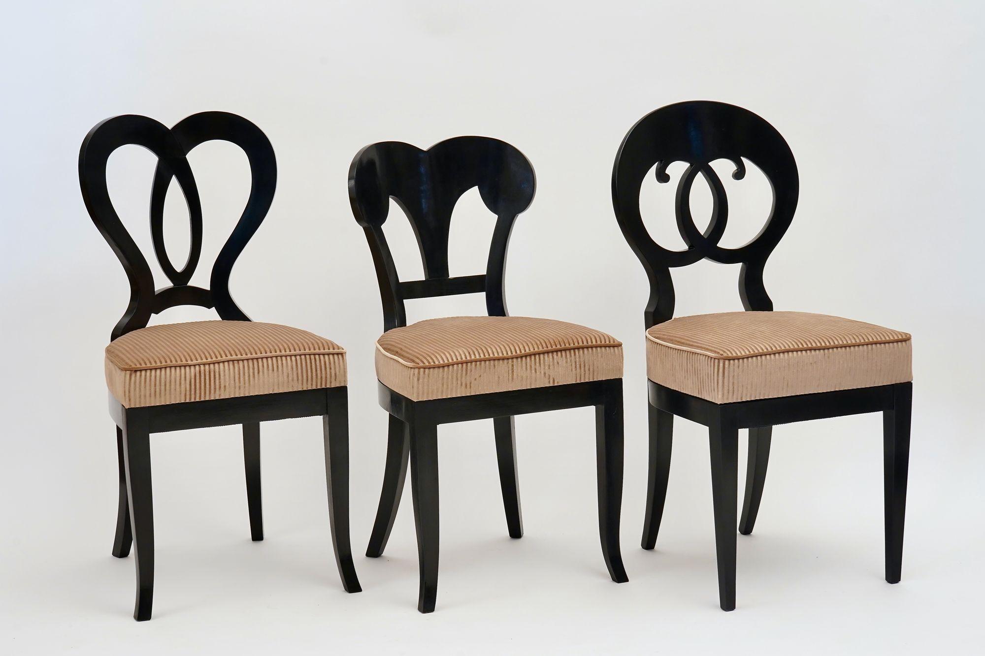 Contemporary Eclectica, set of 6 Ebonized Biedermeier dining Chairs each in different style For Sale