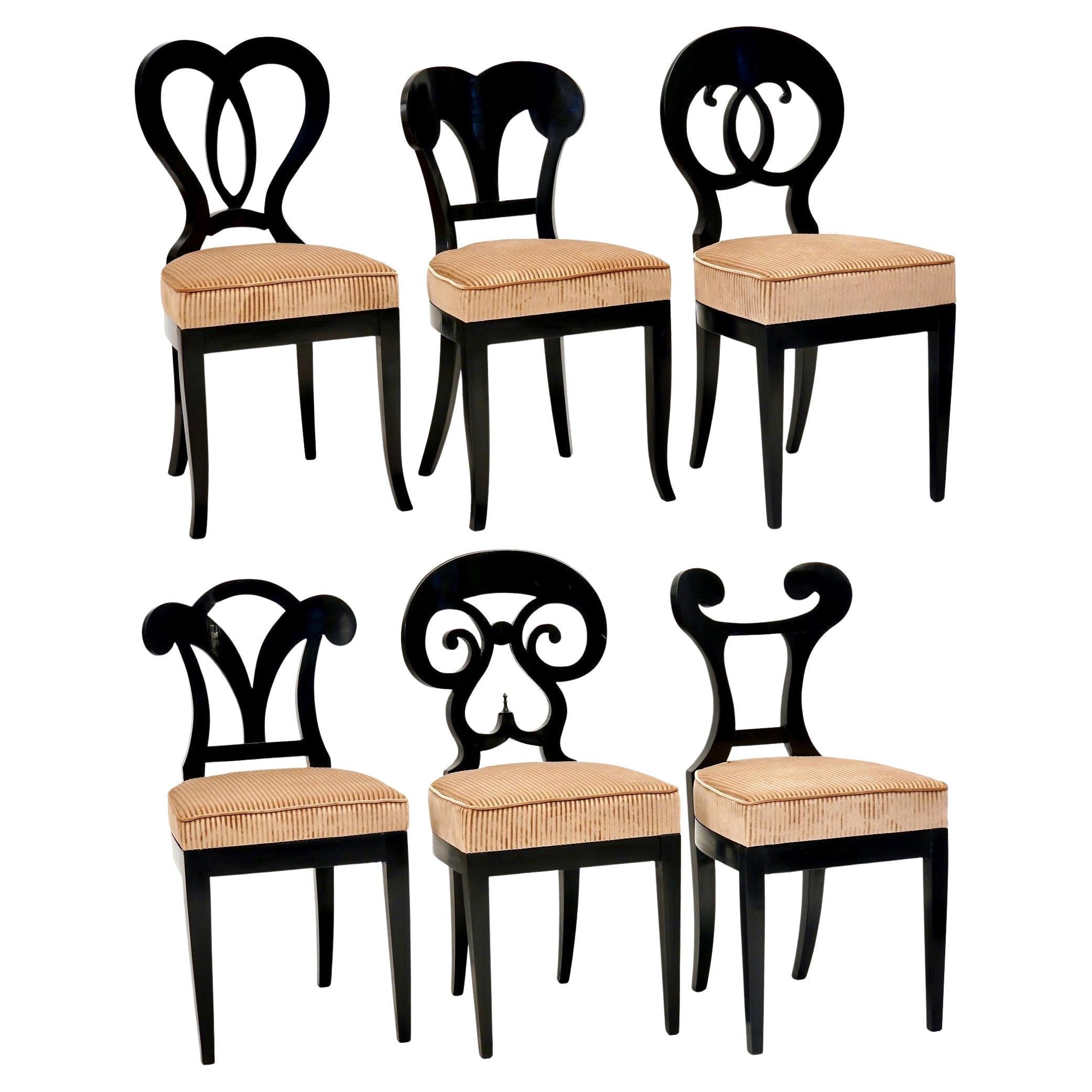 Eclectica, set of 6 Ebonized Biedermeier dining Chairs each in different style For Sale