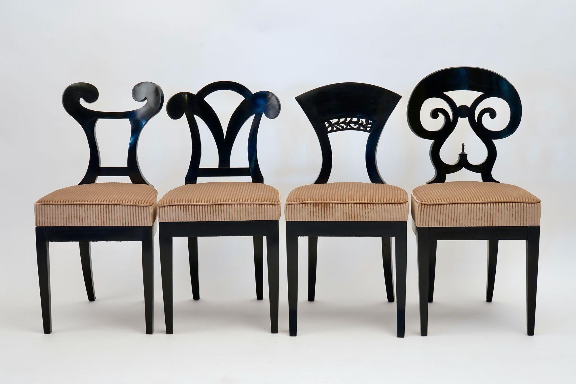 The Eclectica collection is a group of Biedermeier chairs offered in various way. Here offered in a selected set of 8 chairs each in a different style.

The chairs are made from precious  solid Italian walnut wood.  The ebonized finish is attained