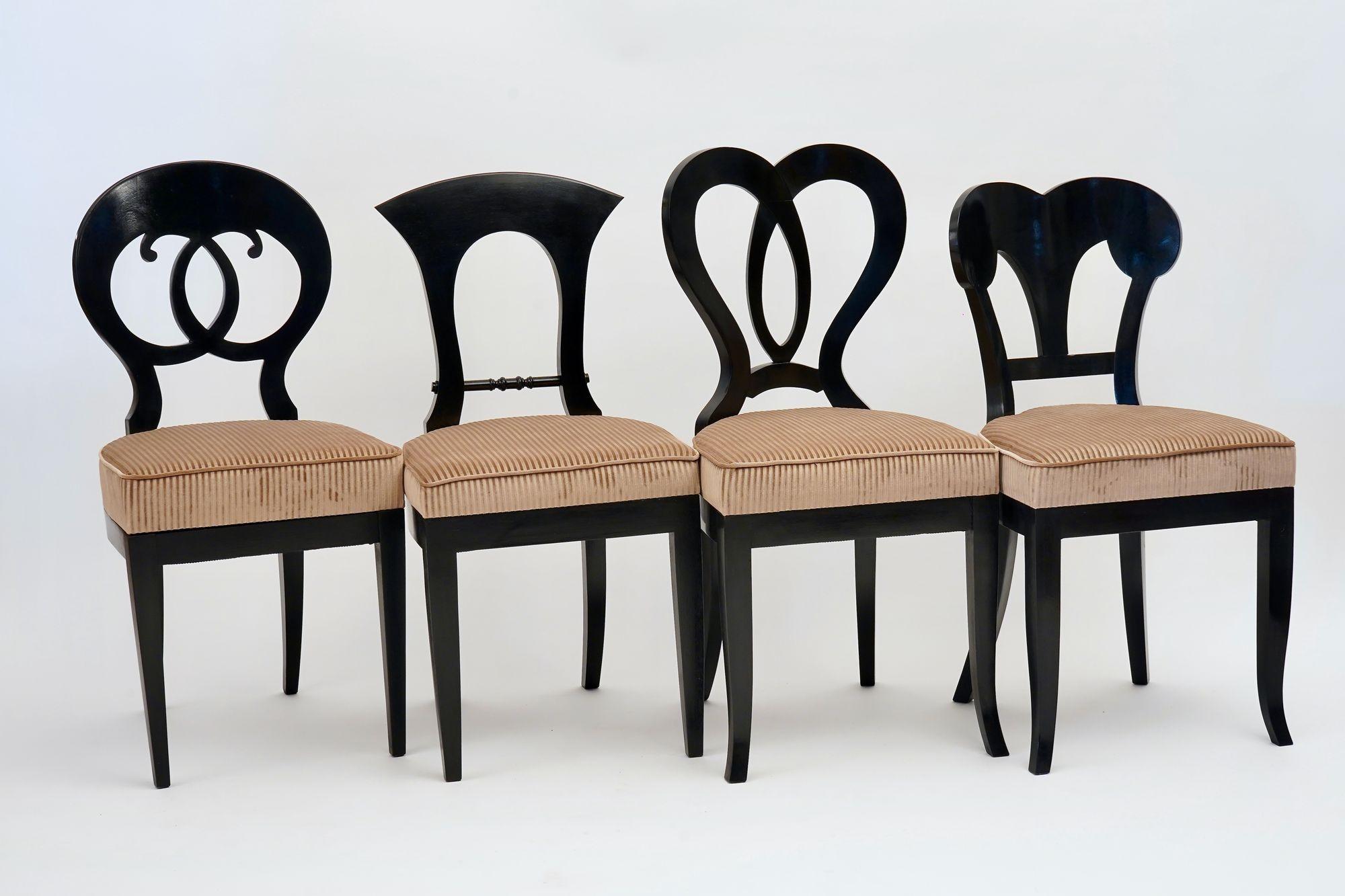 Contemporary Eclectica, set of 8 Ebonized Biedermeier dining Chairs each in different style For Sale