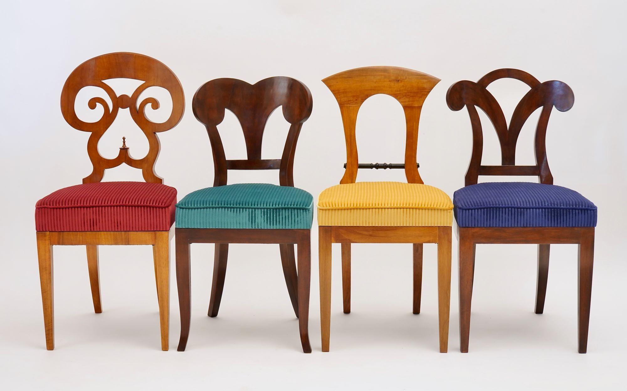 The Eclectica collection showcases a selection of Biedermeier-style chairs presented in a distinctive format. Here, the set includes 8 individually styled chairs, each combining wood dye and vibrant color velvet..

Crafted from fine solid Italian