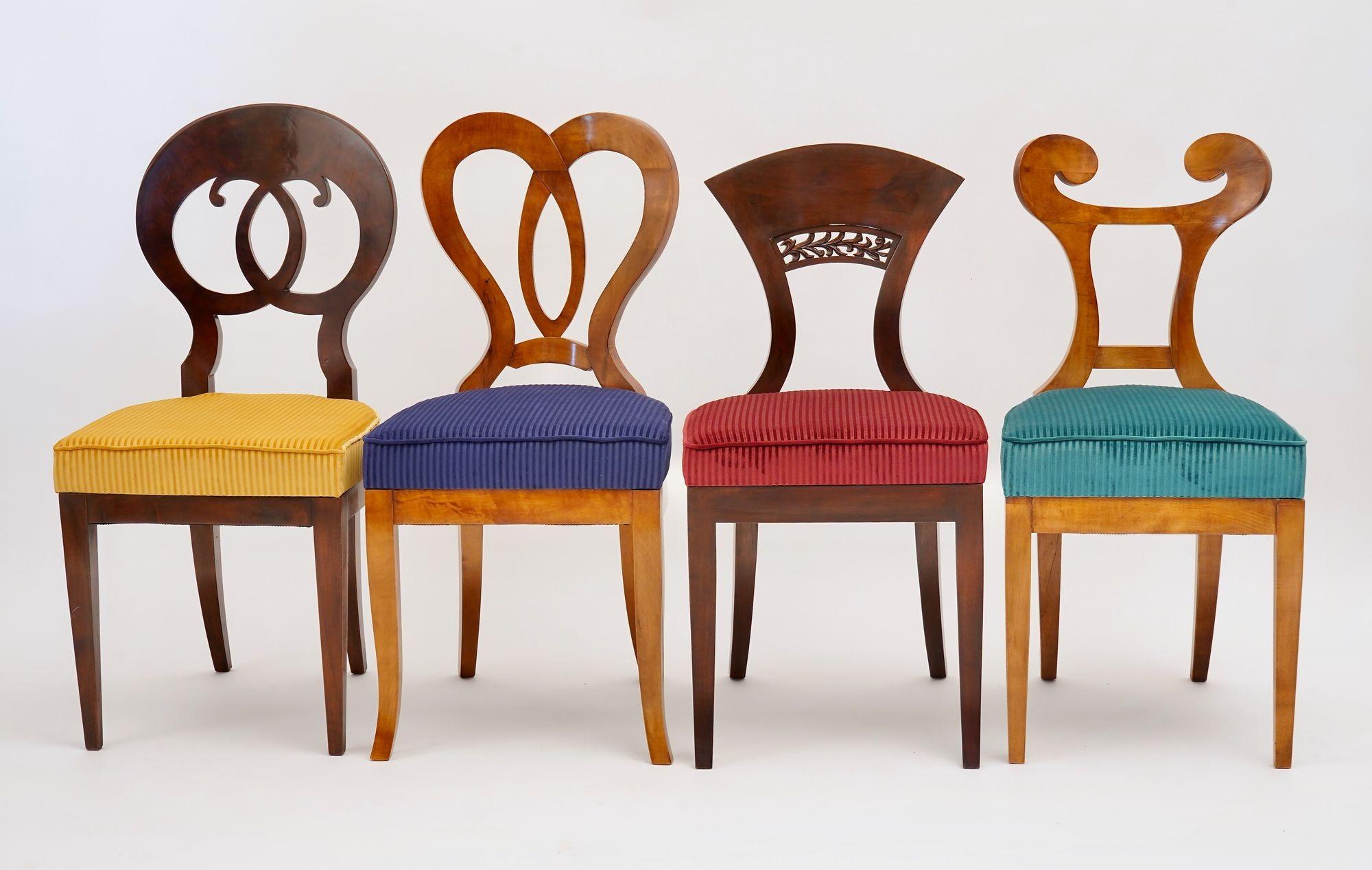 Italian Eclectica, set of 8 Walnut Biedermeier dining Chairs each in different style For Sale