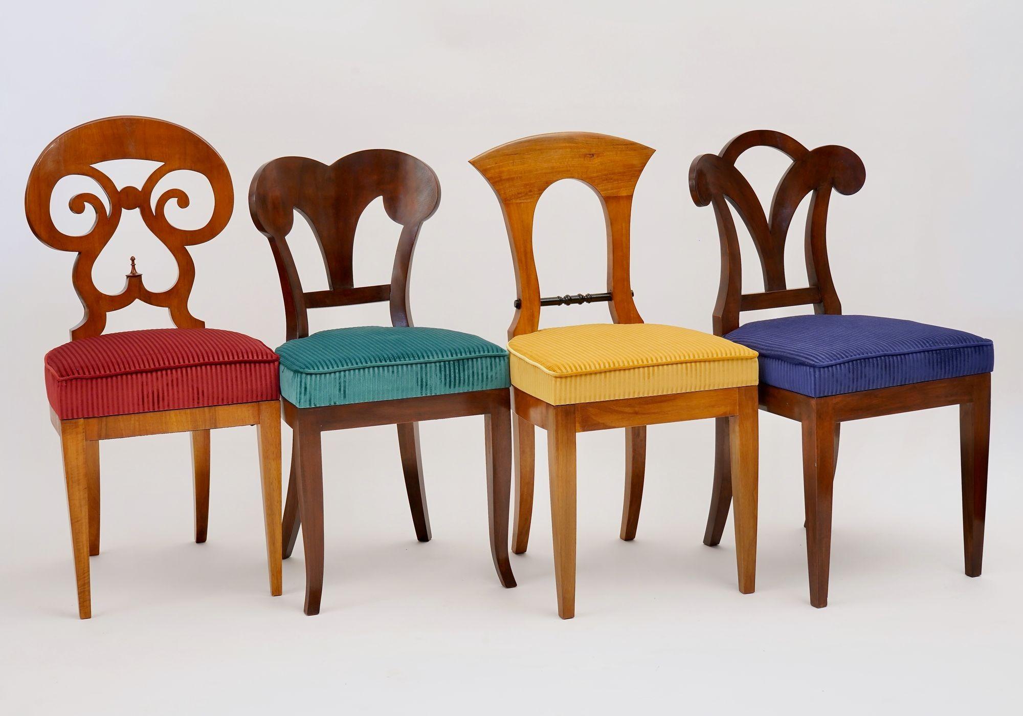 Hand-Carved Eclectica, set of 8 Walnut Biedermeier dining Chairs each in different style For Sale