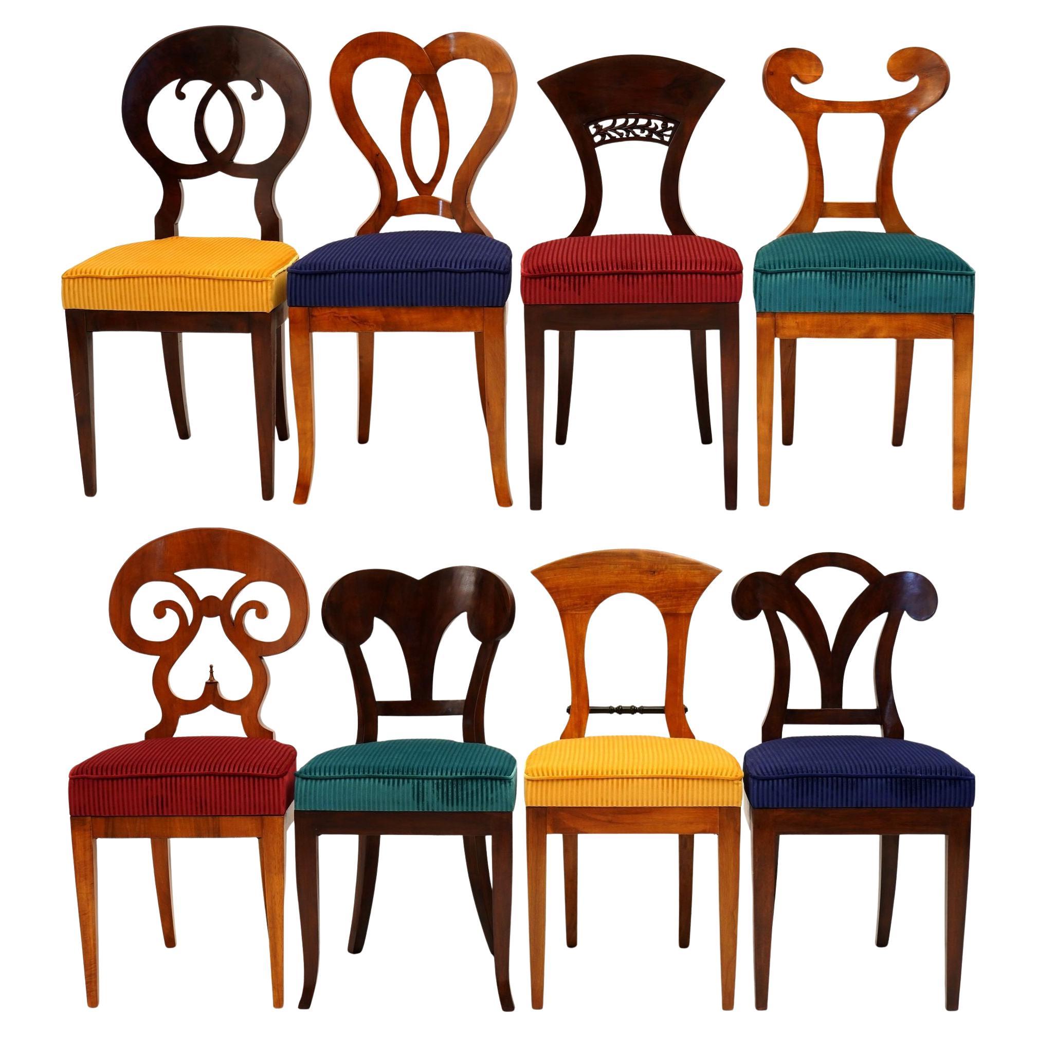 Eclectica, set of 8 Walnut Biedermeier dining Chairs each in different style For Sale