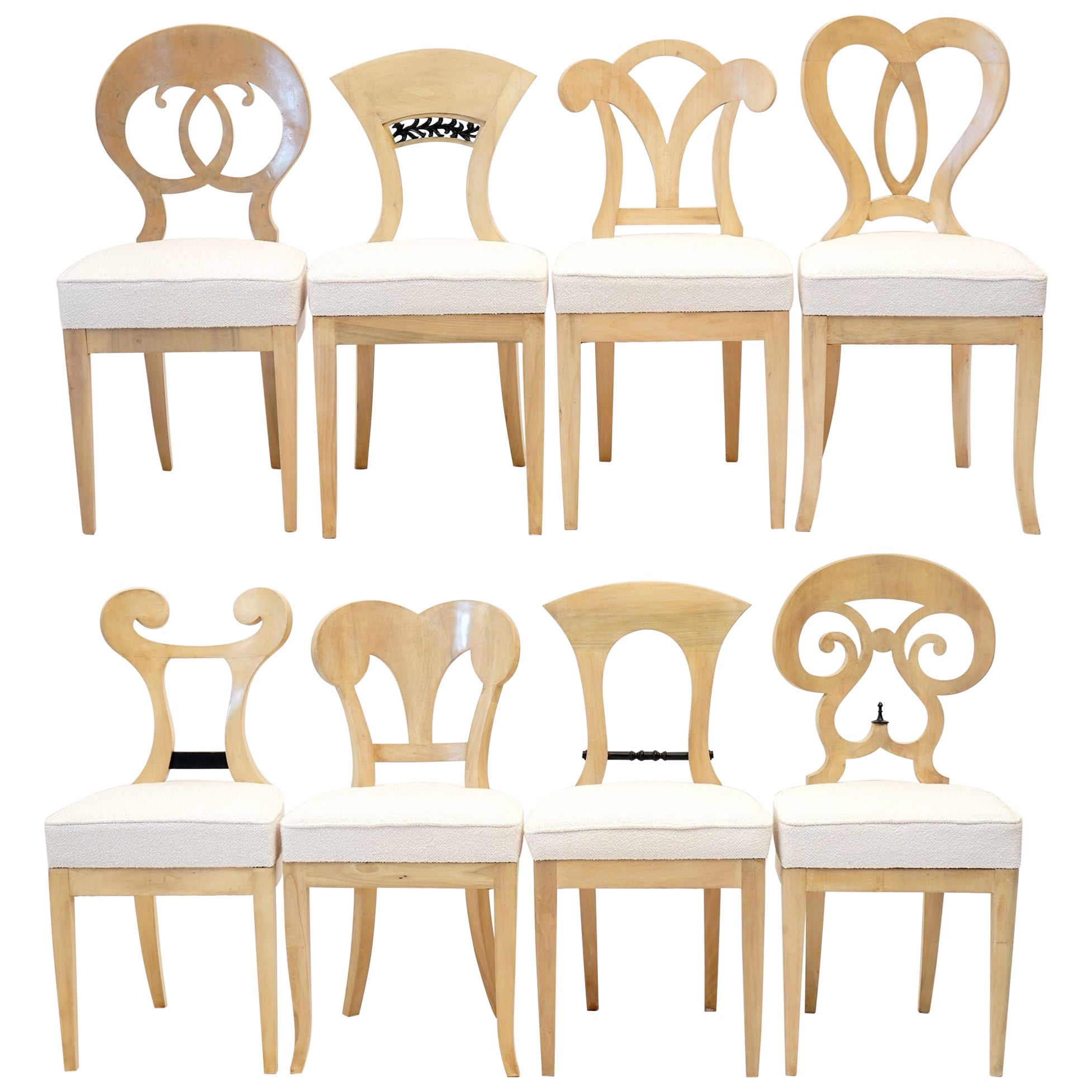 Ecléctica, juego de 8 Sillas de comedor Biedermeier blancas cada una en estilo diferente en venta