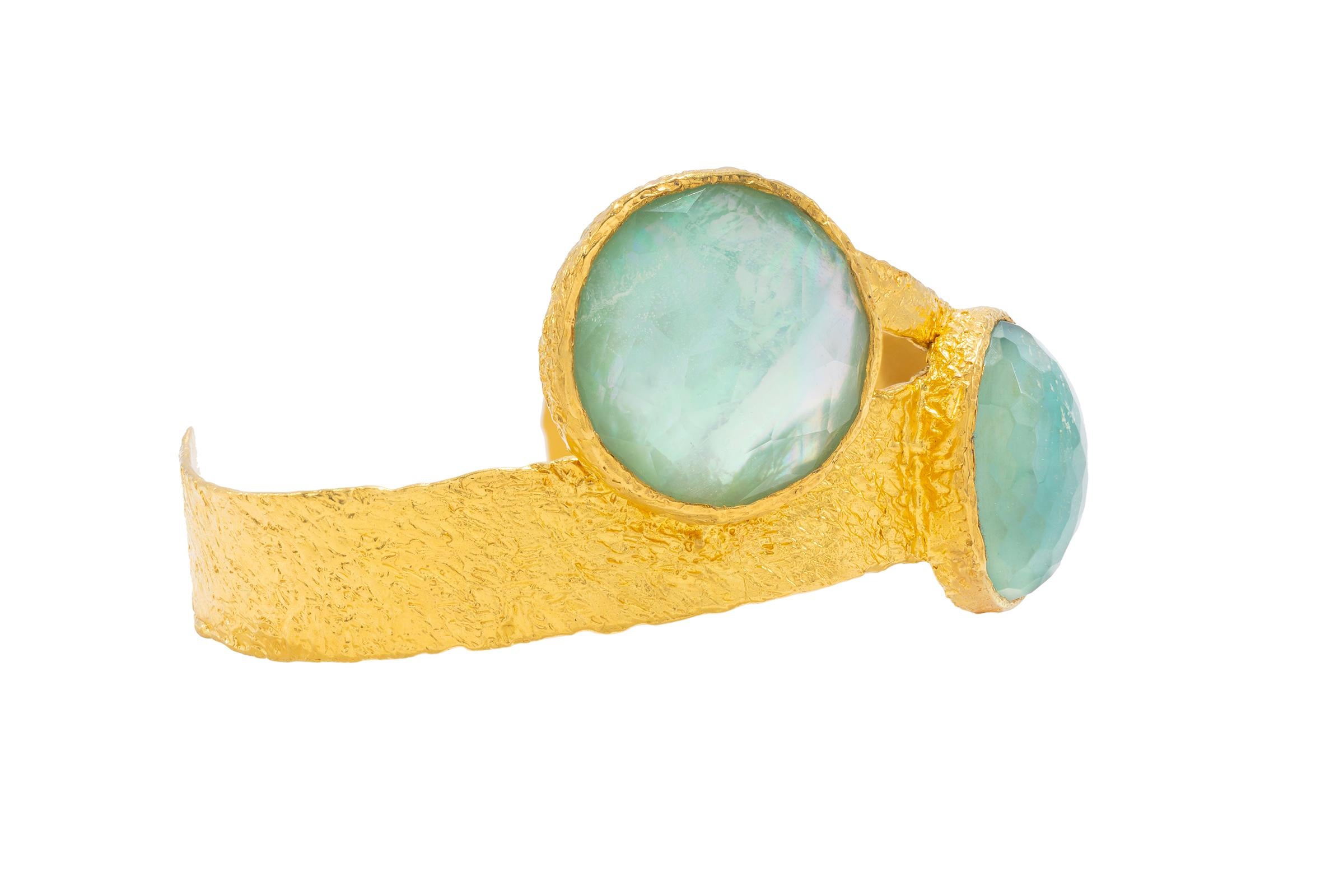 Artisan Eclipse 22k Gold Cuff with Turquoise, Pearl and Quartz, by Tagili