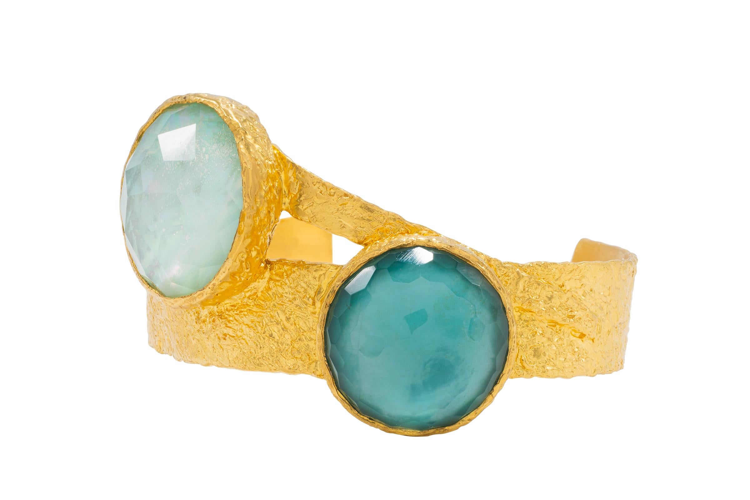 Round Cut Eclipse 22k Gold Cuff with Turquoise, Pearl and Quartz, by Tagili