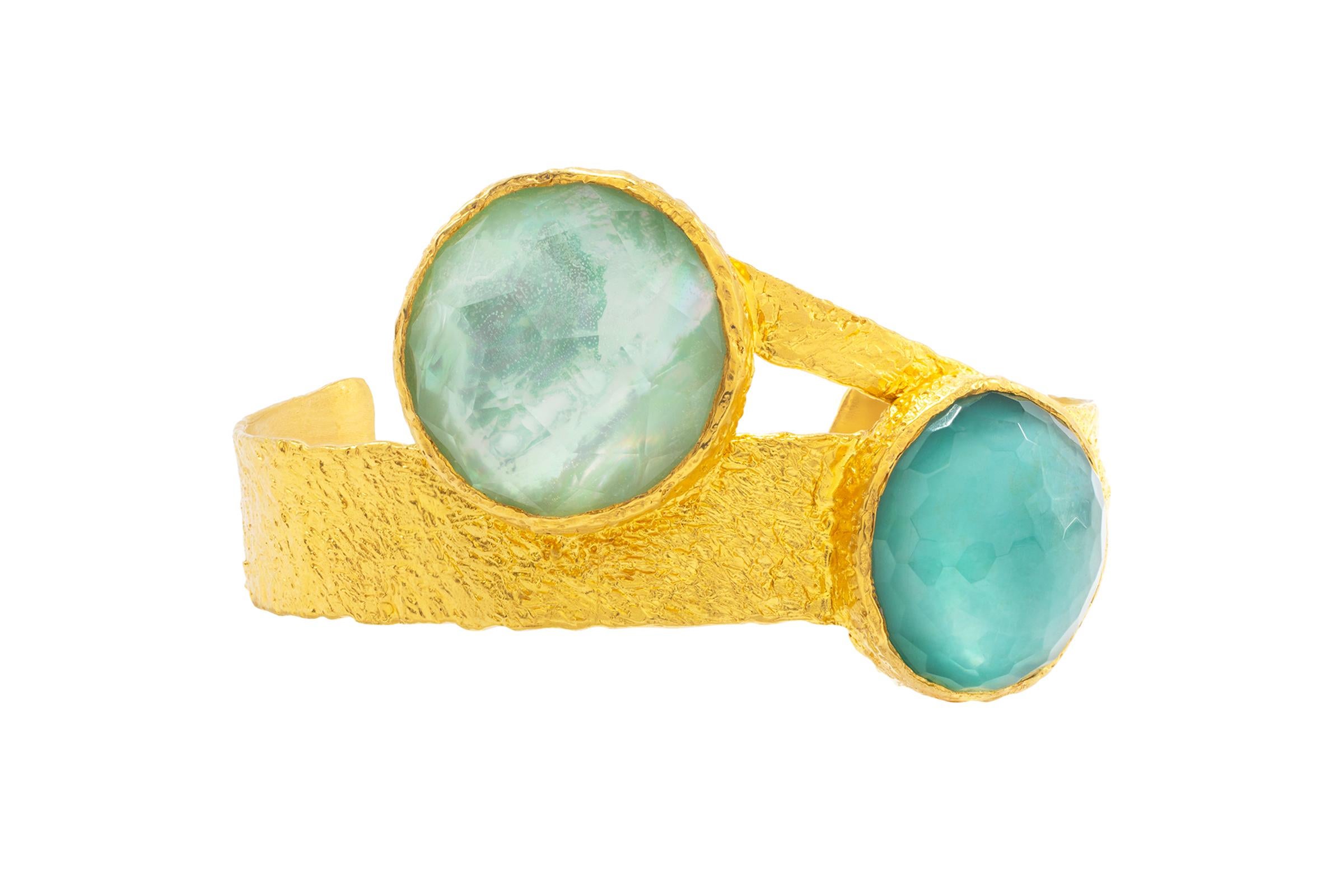 Eclipse 22k Gold Cuff with Turquoise, Pearl and Quartz, by Tagili In New Condition In New York, NY
