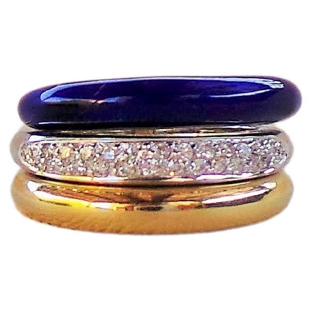 Eclipse Band Enamel Three Lines Gold Diamonds Pavé-Set 0.26K Cocktail Ring