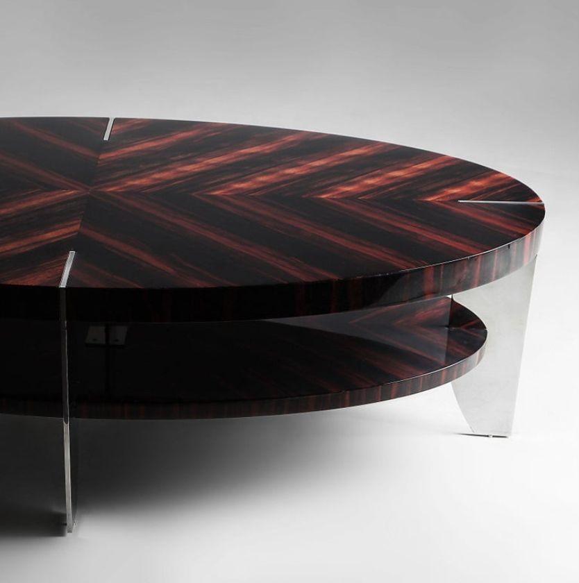 Modern Eclipse, Coffee Table in Natural Macassar and Polished Stainless Steel For Sale