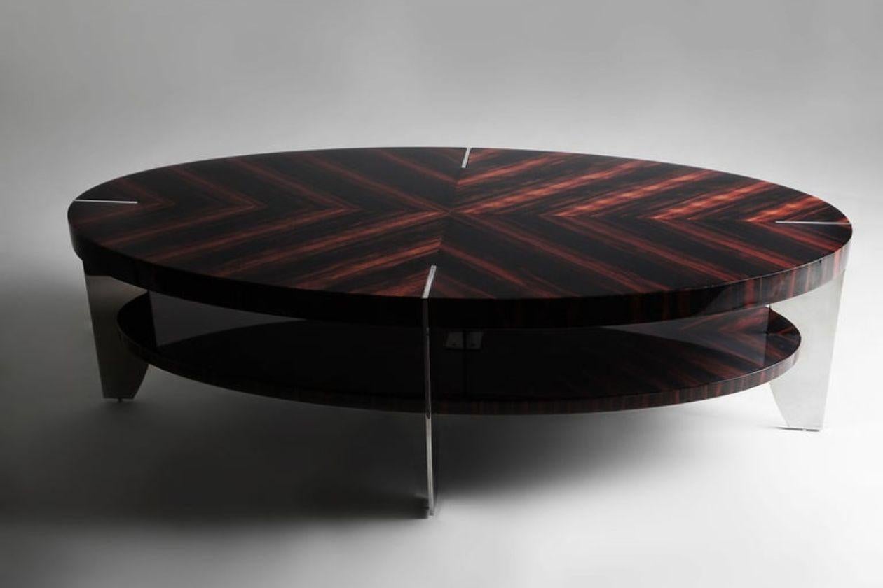 Lebanese Eclipse, Coffee Table in Natural Macassar and Polished Stainless Steel For Sale