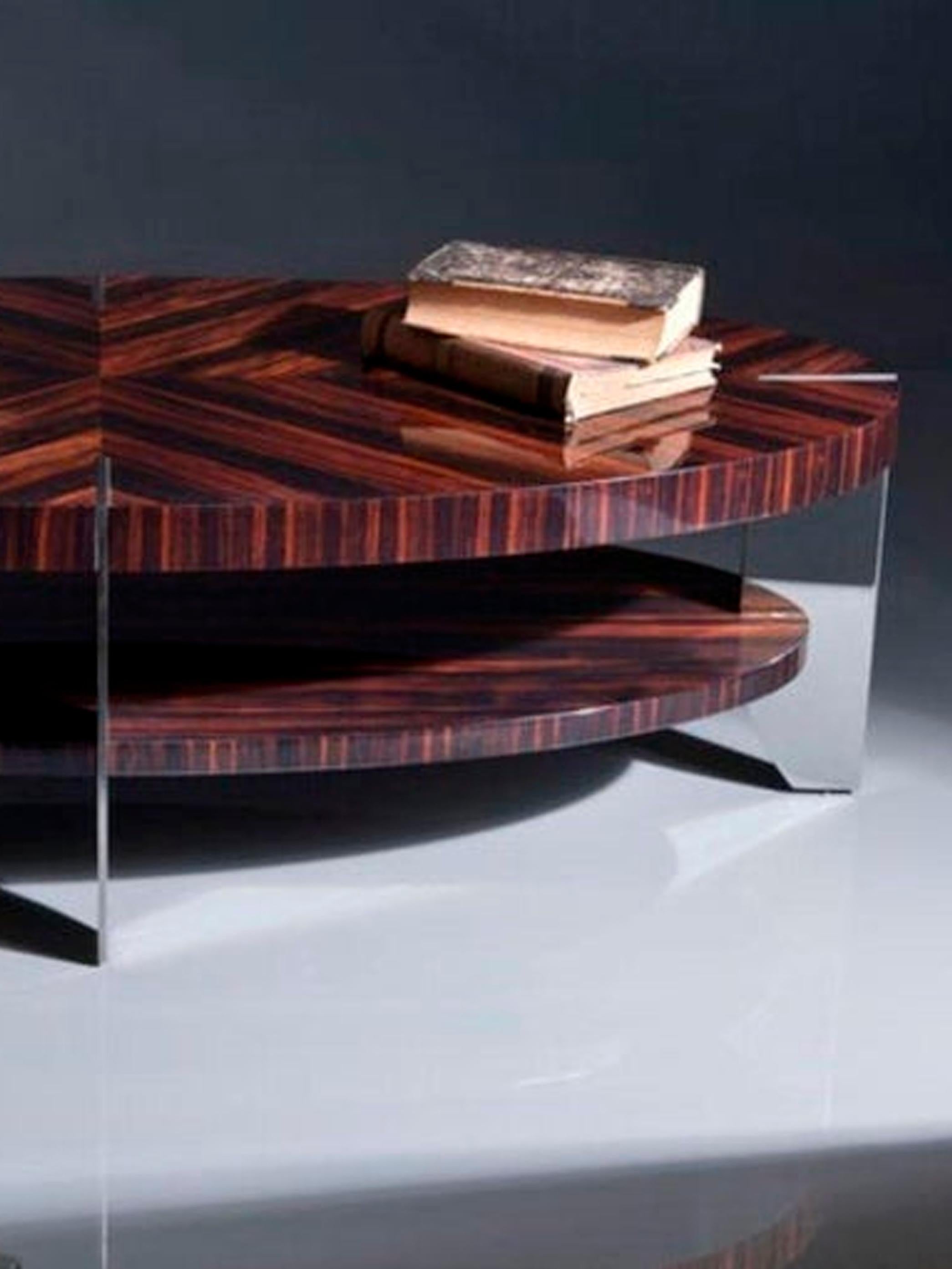 Contemporary Eclipse, Coffee Table in Natural Macassar and Polished Stainless Steel For Sale
