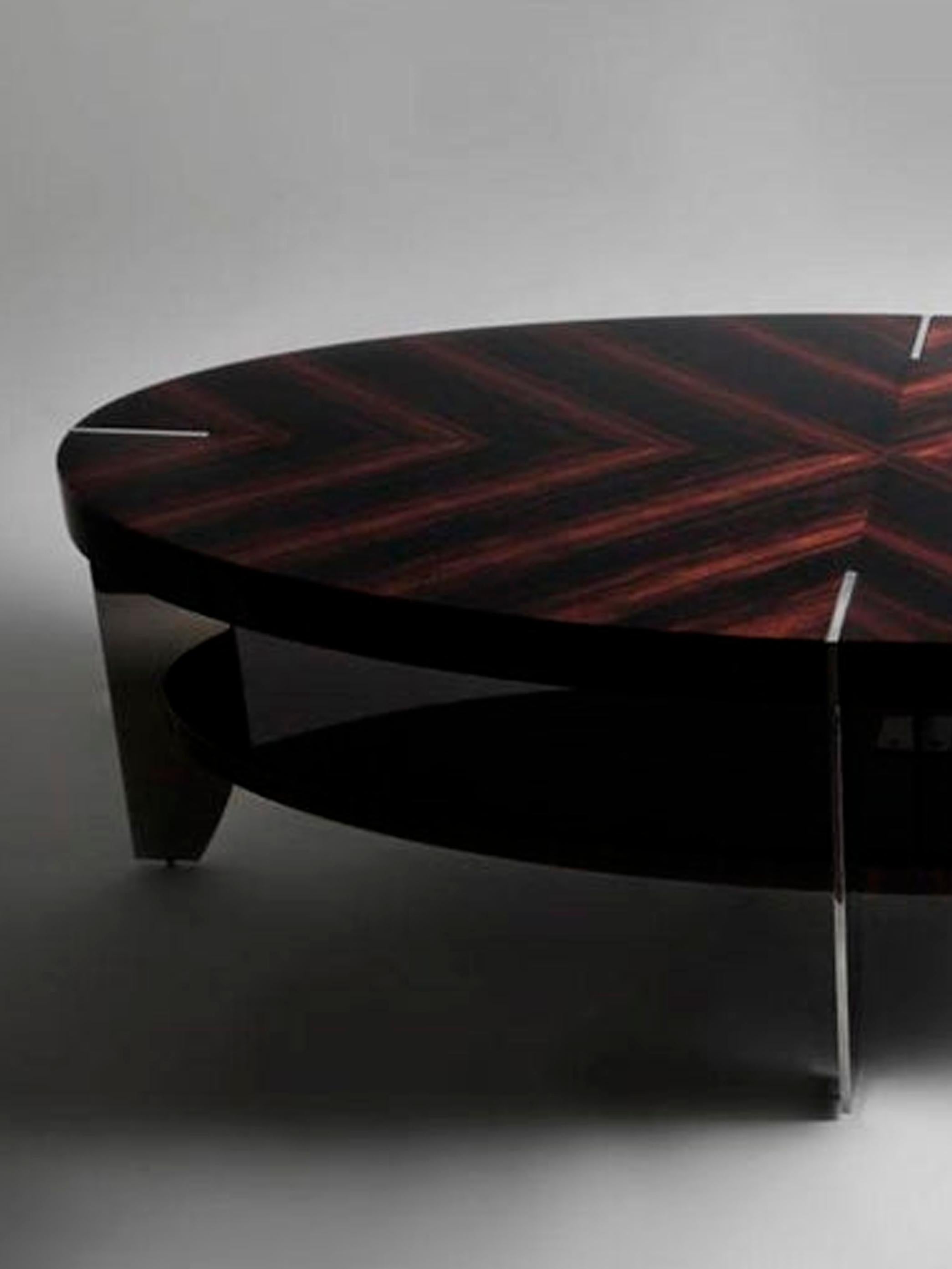 Eclipse, Coffee Table in Natural Macassar and Polished Stainless Steel For Sale 1