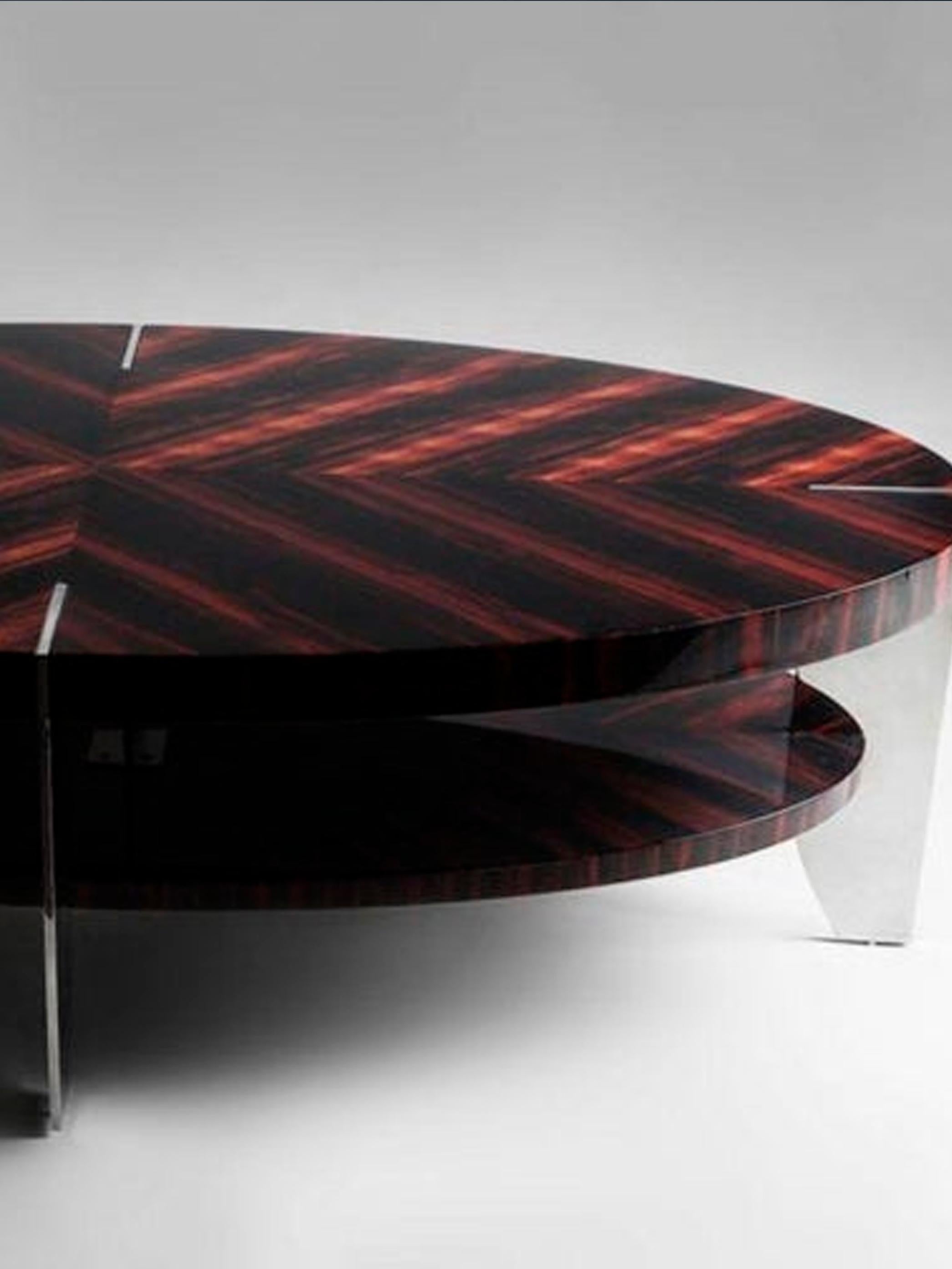 Eclipse, Coffee Table in Natural Macassar and Polished Stainless Steel For Sale 2