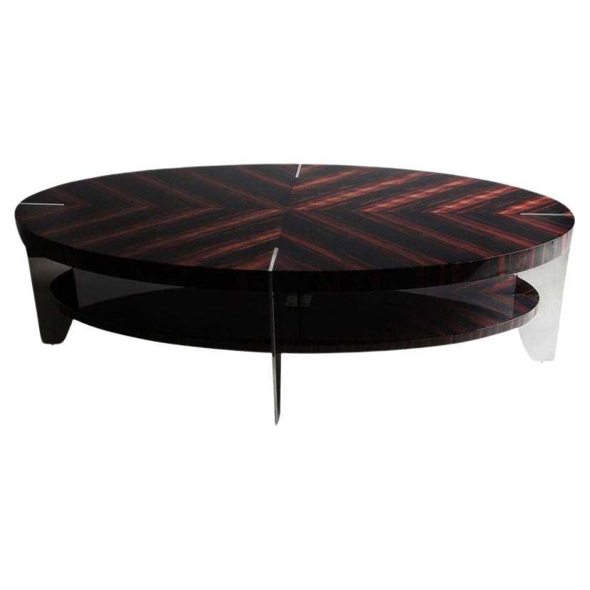Eclipse, Coffee Table in Natural Macassar and Polished Stainless Steel For Sale