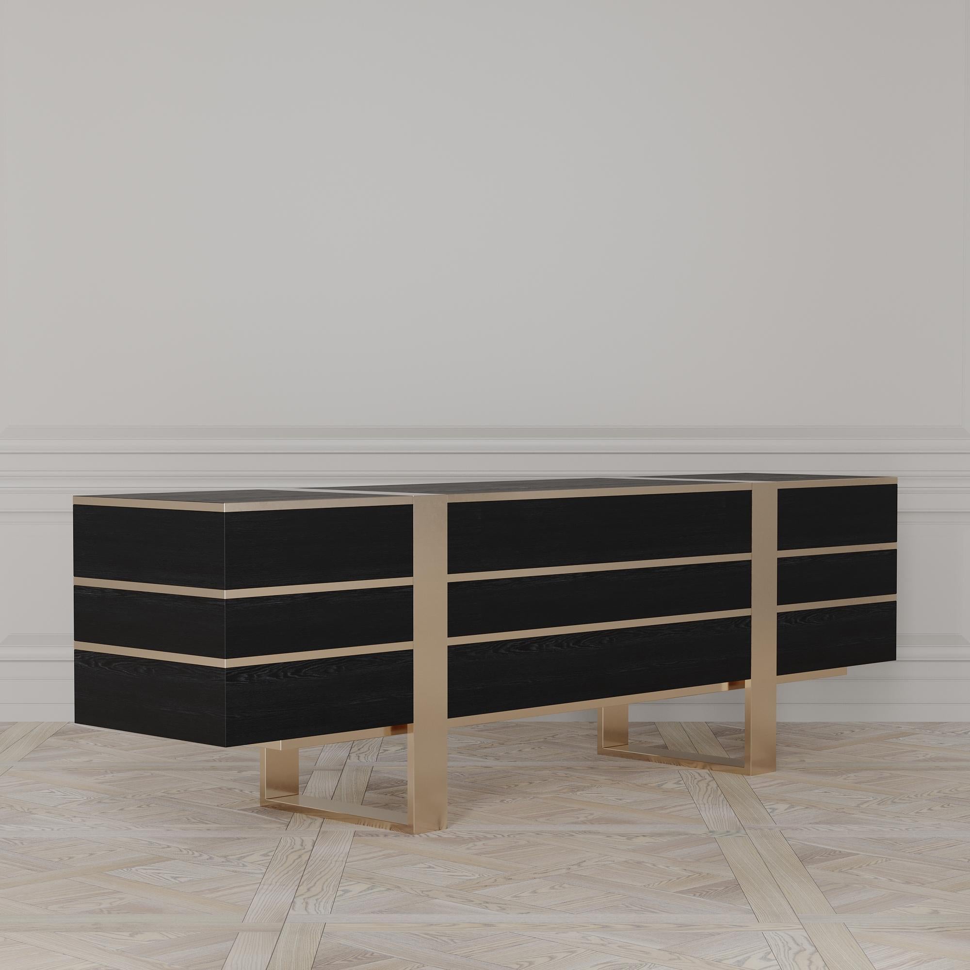 The Eclipse credenza is designed by Emél & Browne in the Minimalist and contemporary style and custom made in Italy by skilled artisans. An Eclipse of light is referenced in the reflective brass inlays, glimpsed against the brushed brown oak. The