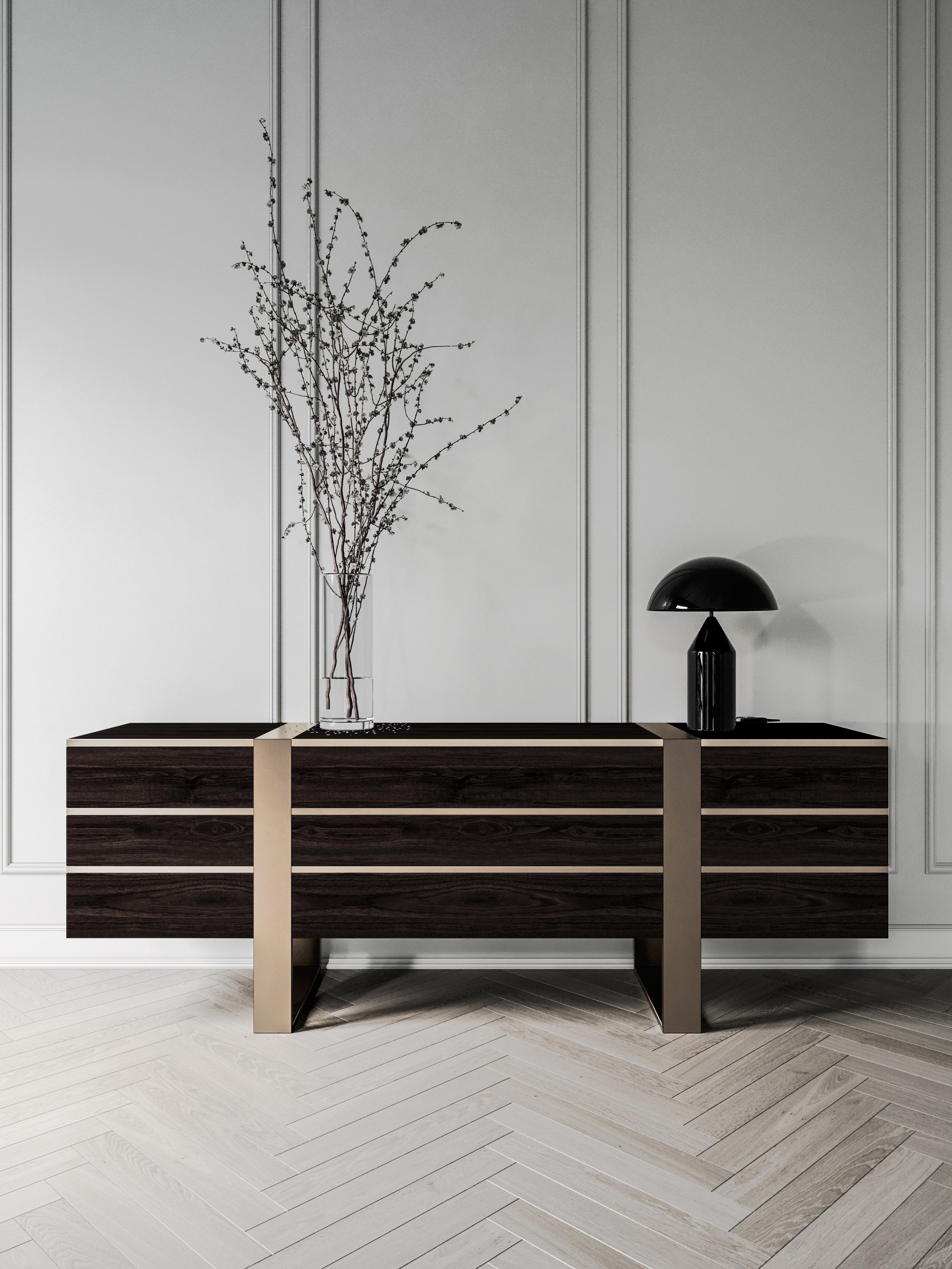 Eclipse Credenza of Brushed Oak and Brass, Made in Italy For Sale 1