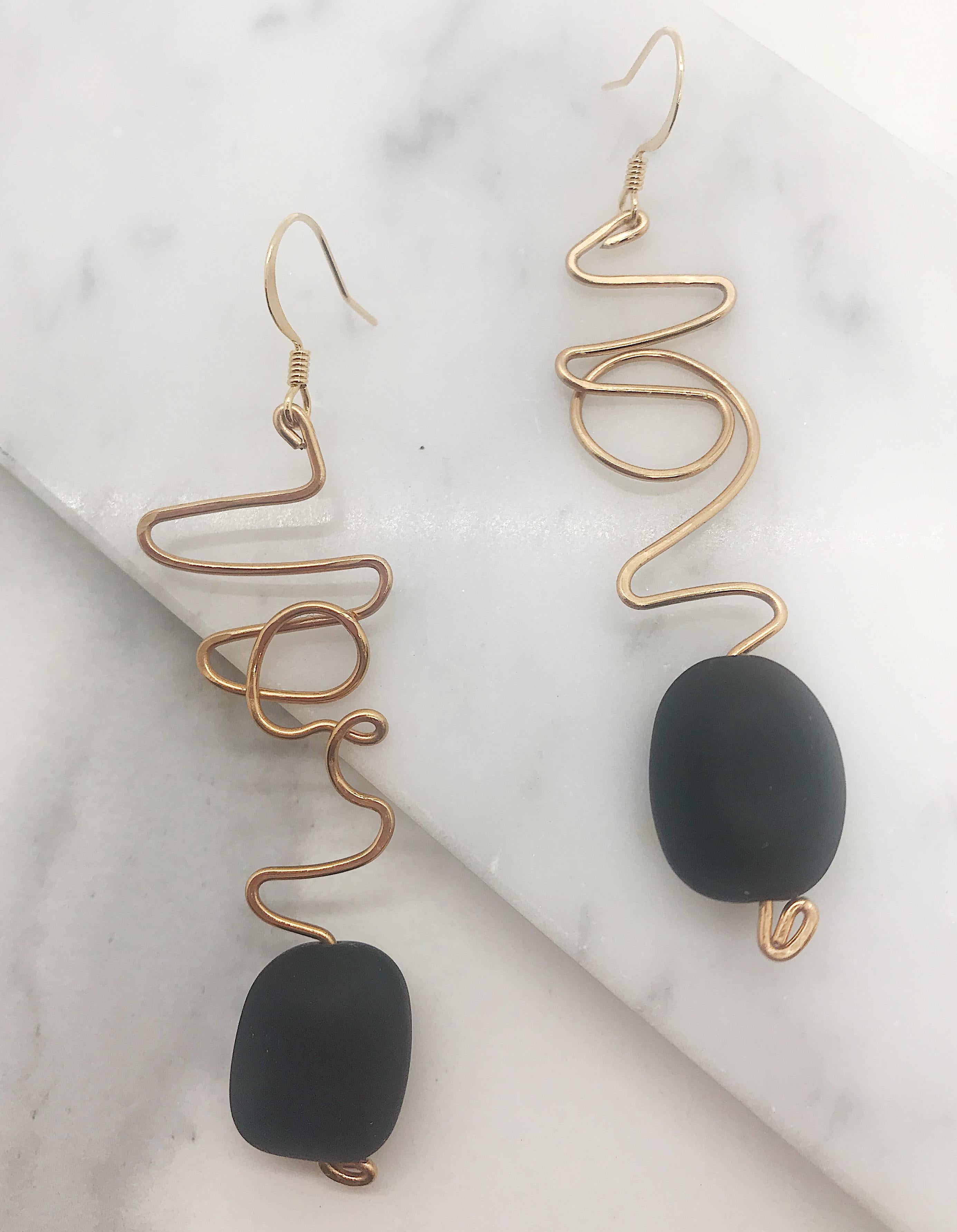 Contemporary Eclipse Earrings featuring matte black seas glass by Sidney Cherie Studio.  For Sale