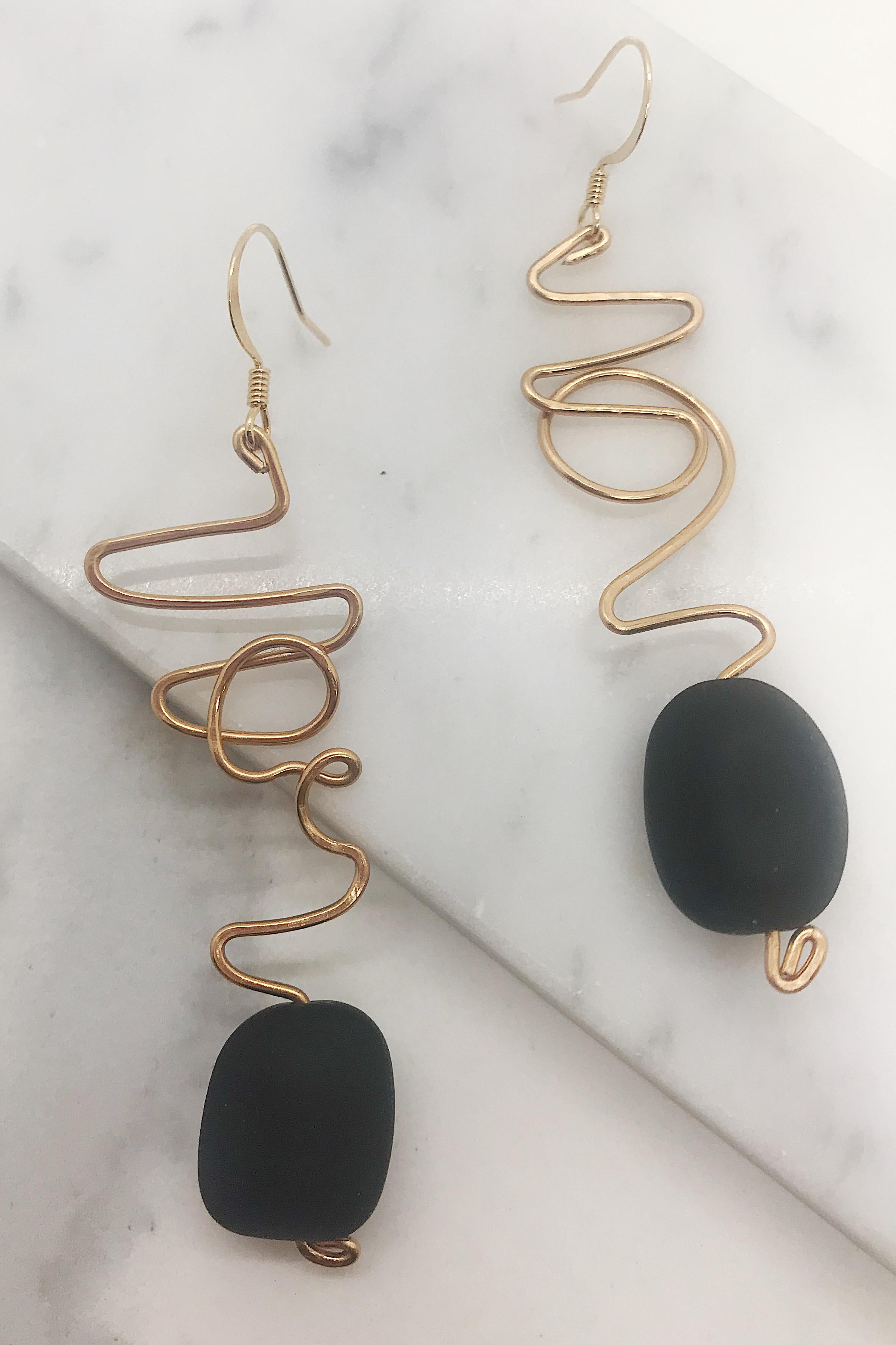 Eclipse Earrings featuring matte black seas glass by Sidney Cherie Studio.  In New Condition For Sale In Brooklyn, NY