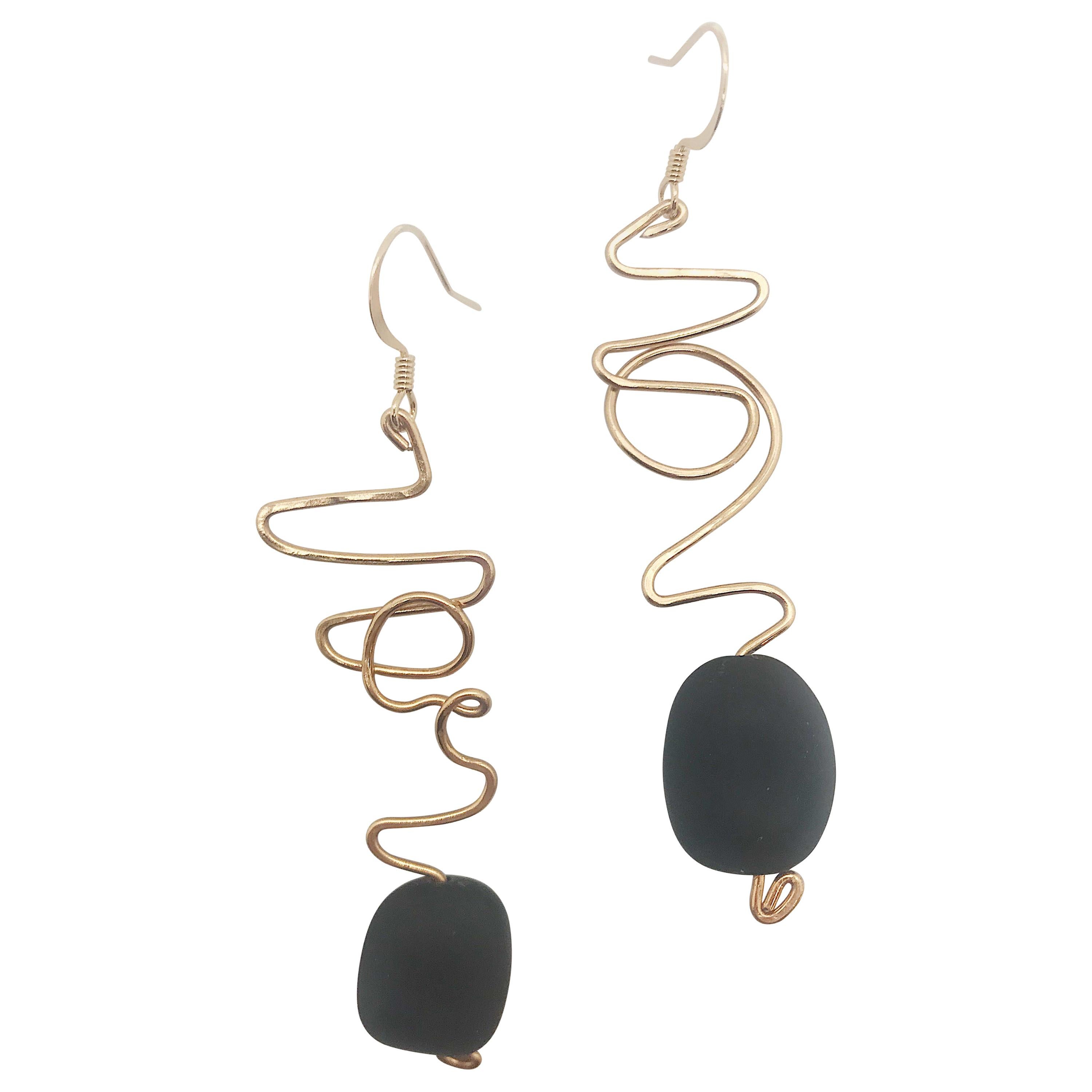 Eclipse Earrings featuring matte black seas glass by Sidney Cherie Studio.  For Sale