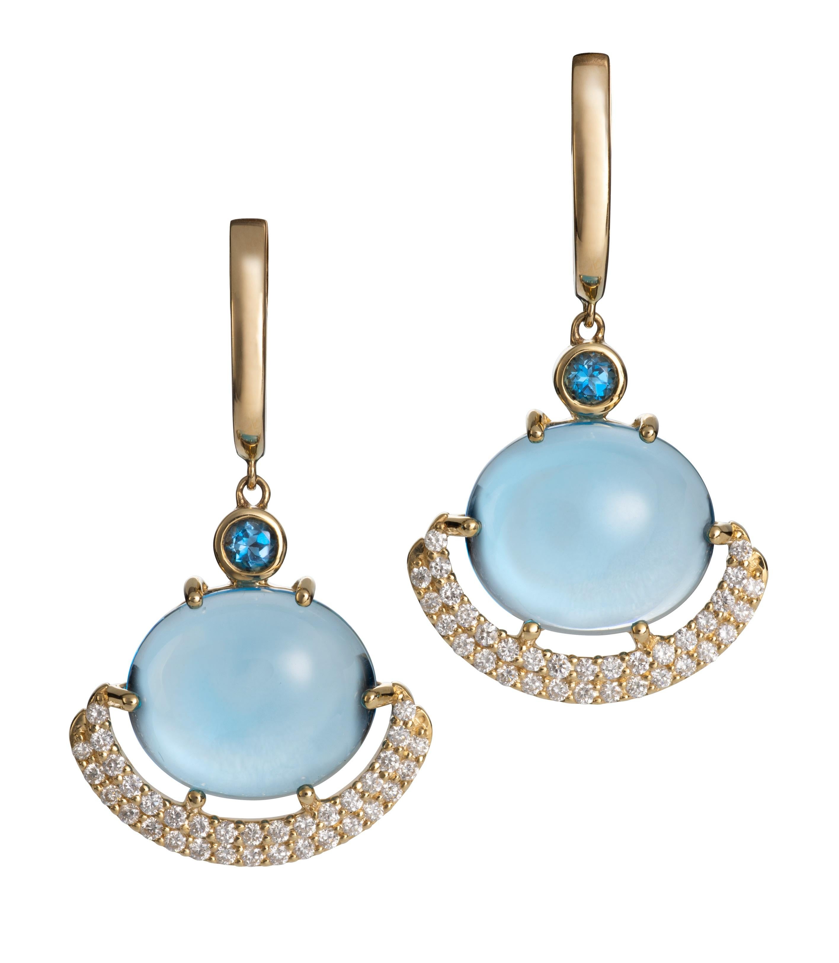 BRAND NEW  in August of 2020, to the Blue Hour collection, the Eclipse earrings in Swiss and London blue topaz. These are the originals but will  shortly expand with many other gemstone variations. These earrings are made in 14ky gold with two clear
