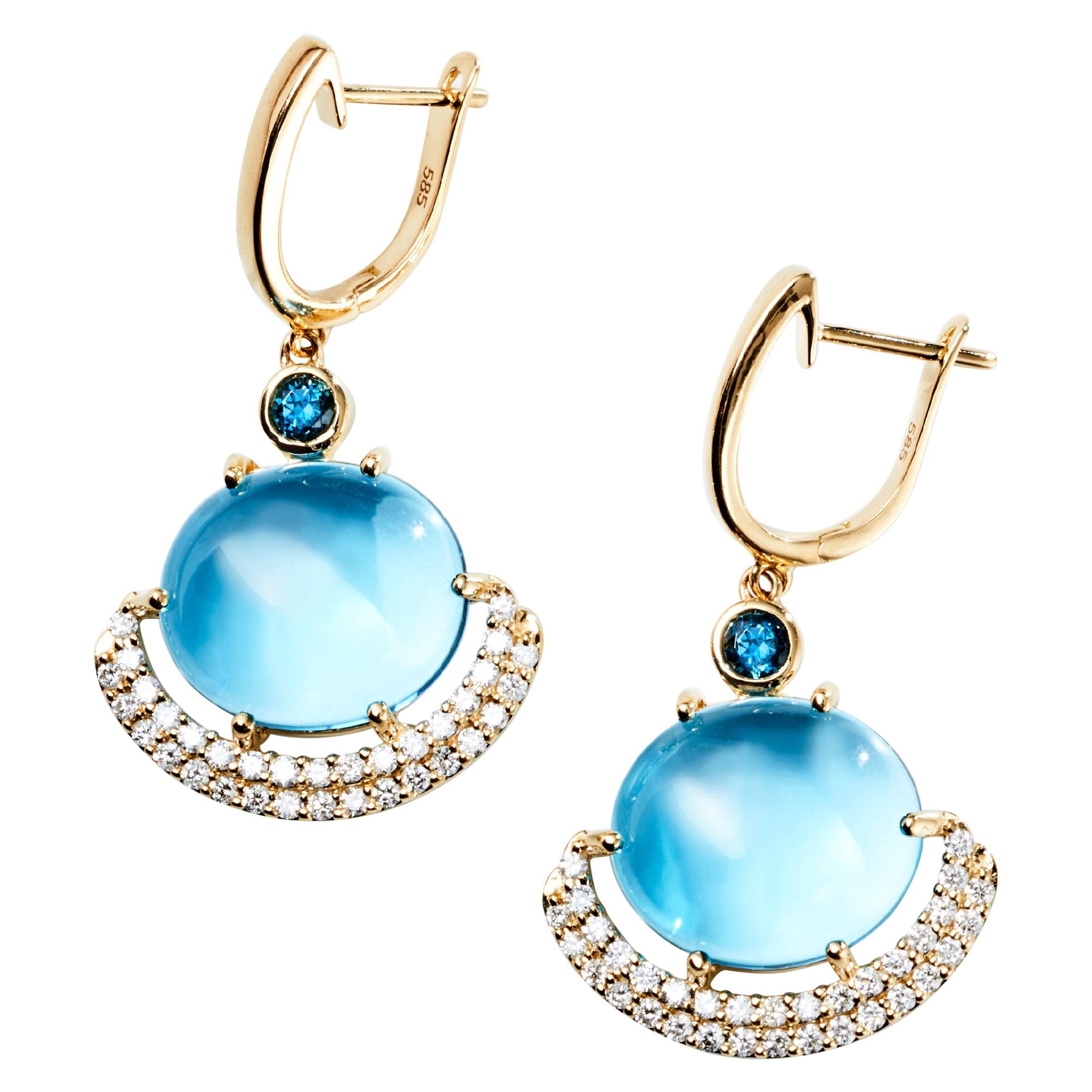 Eclipse Earrings in 14 Karat with Swiss and London Blue Topaz with Diamonds For Sale