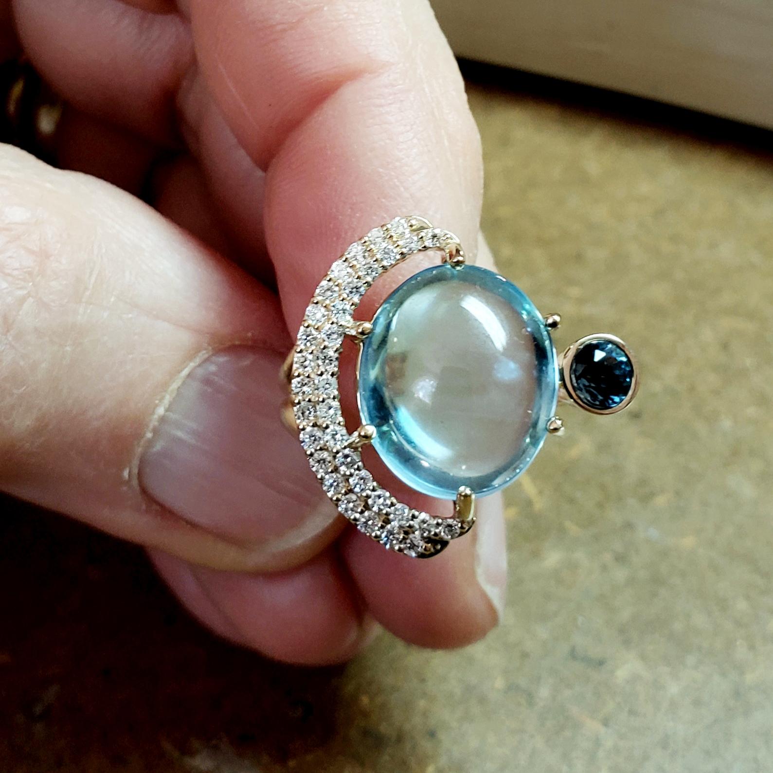 Contemporary Eclipse Earrings in 14 Karat with Swiss and London Blue Topaz with Diamonds For Sale