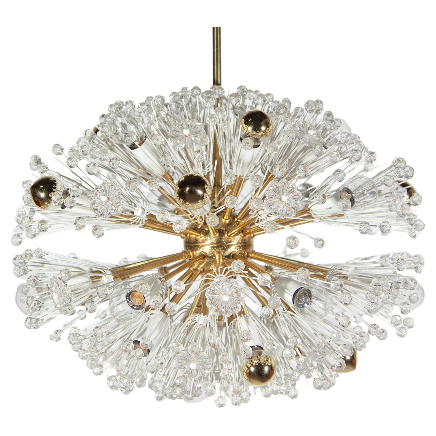 Eclipse Emile Stejnar Blowball Brass a Crystal Chandelier, Rupert Nikoll, 1950s In Good Condition For Sale In Antwerp, BE